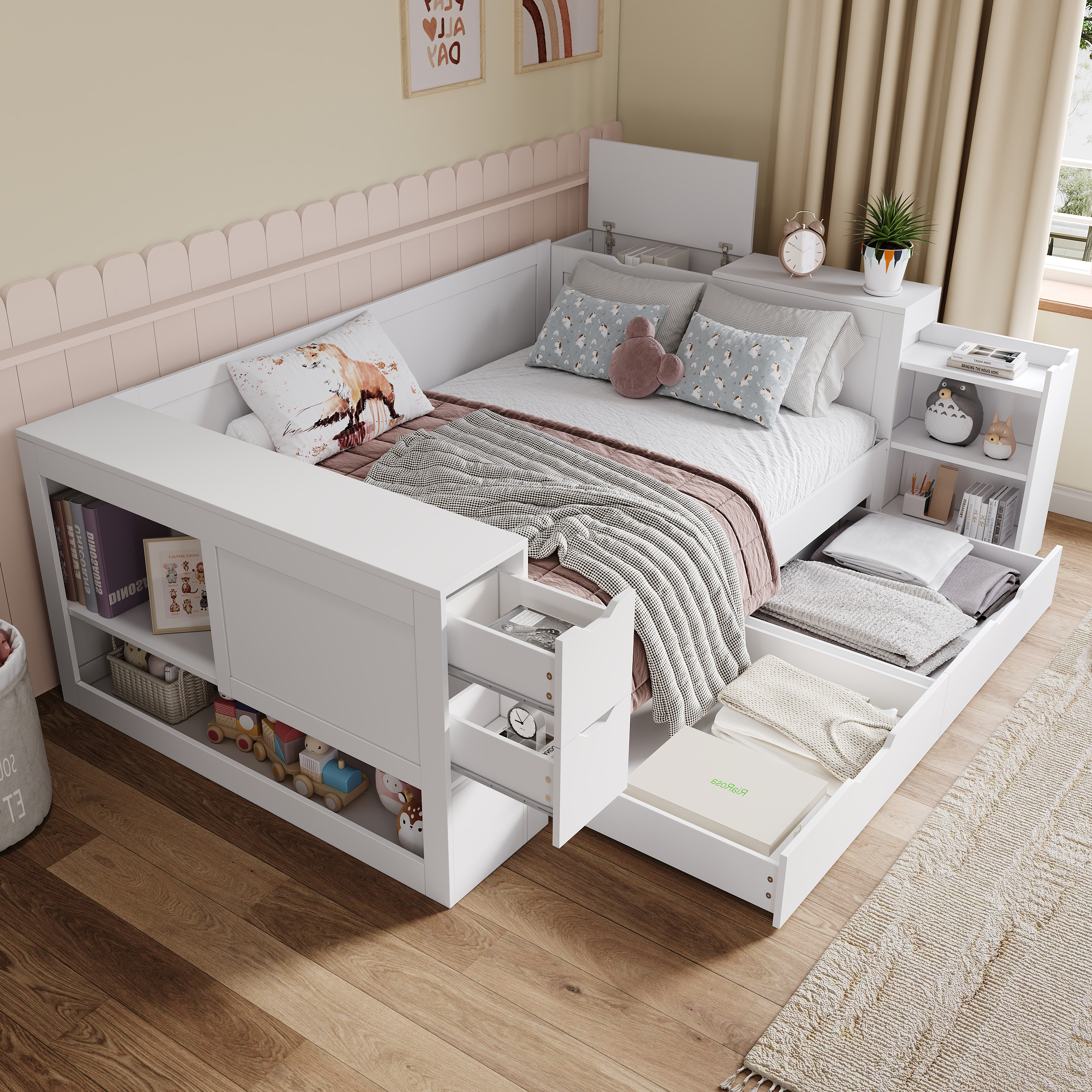 Childrens Bed, Daybed, 4ft6-135 X 190 Cm, Double Bed, Multifunctional Children's Bed With Drawers, Shelves And Storage Space, With Bedside Table, With Storage Space, Without Mattress, White