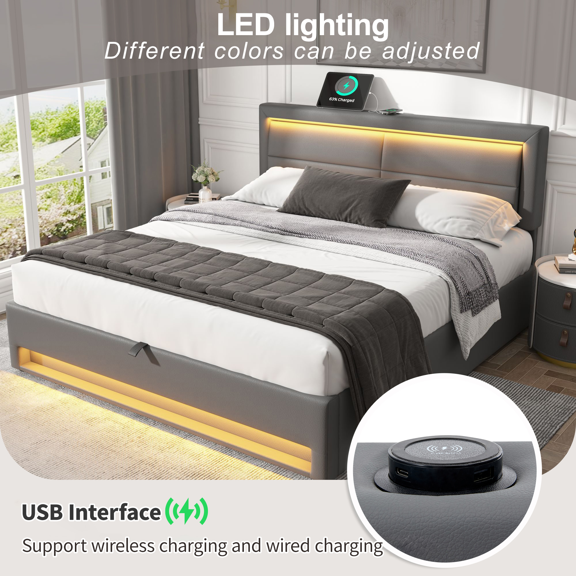 Upholstered Bed 180 X 200 Cm, Super King Size Bed-6ft,with USB Port Supports Wireless And Wired Charging, With LED Lighting And Storage Space, Without Mattress, PU Lychee Pattern, Grey