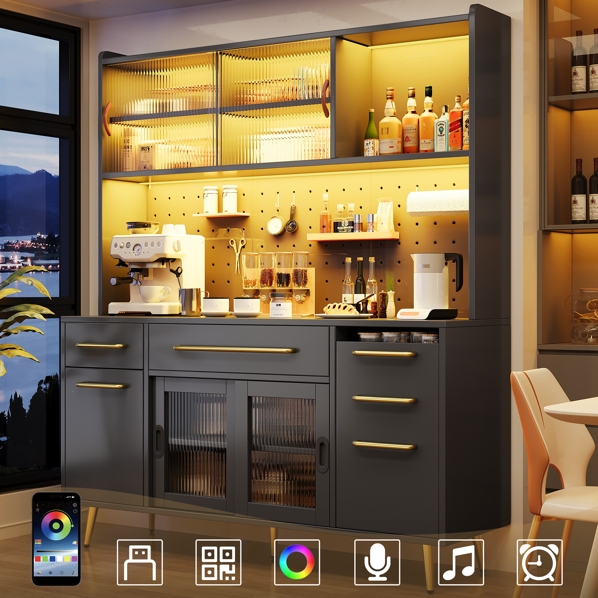 Modernes Sideboard Mit LED-Beleuchtung ,Hochschrank Fur Kuche & Wohnzimmer, Aufbewahrungsschrank Mit Lochwand, Schublade & Glasboden, Black