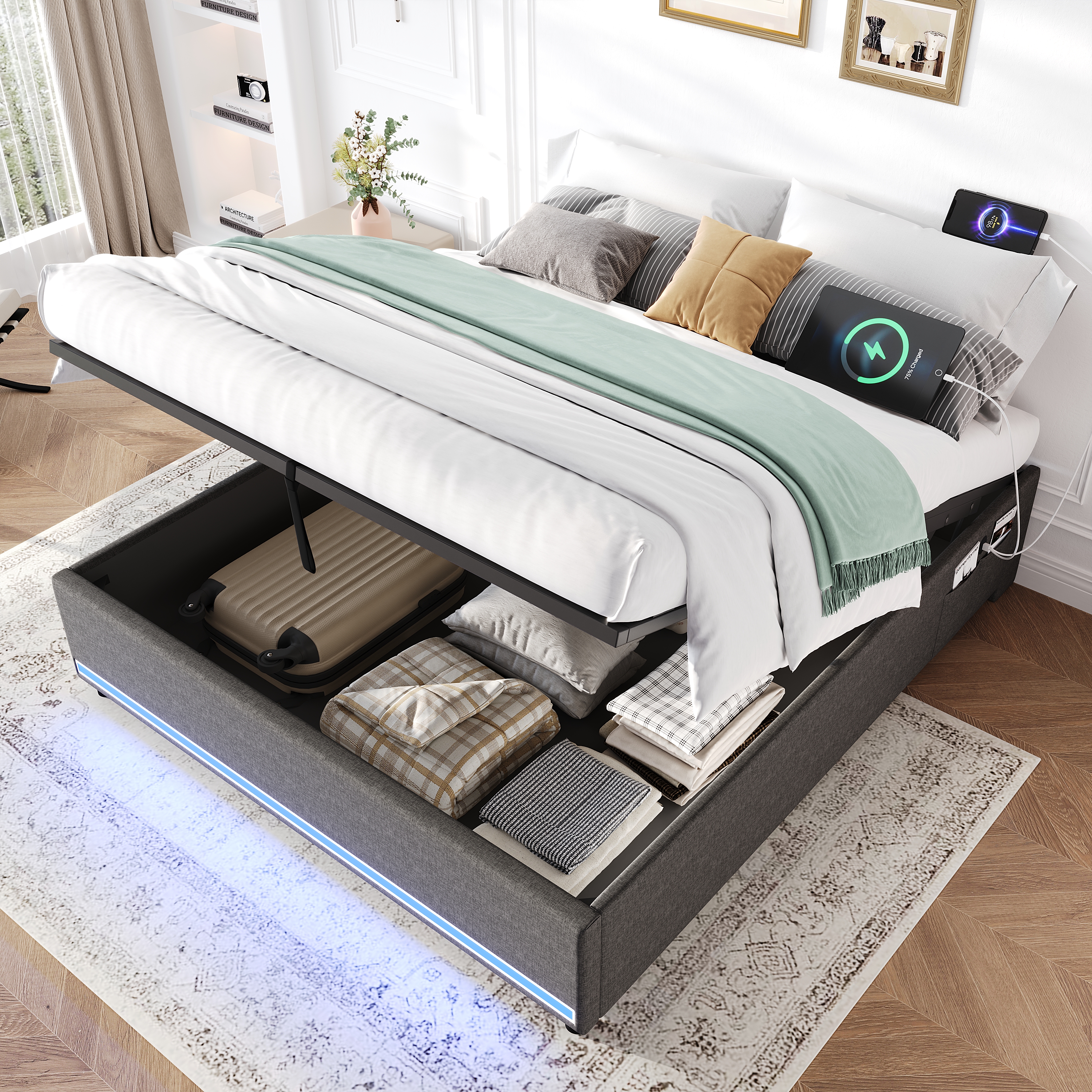 4ft6 Double Hydraulic Storage Bed, No Headboard Linen Bed Frame With APP Control LED Lights, Side Charging Station, Side Pockets, Grey No Mattress
