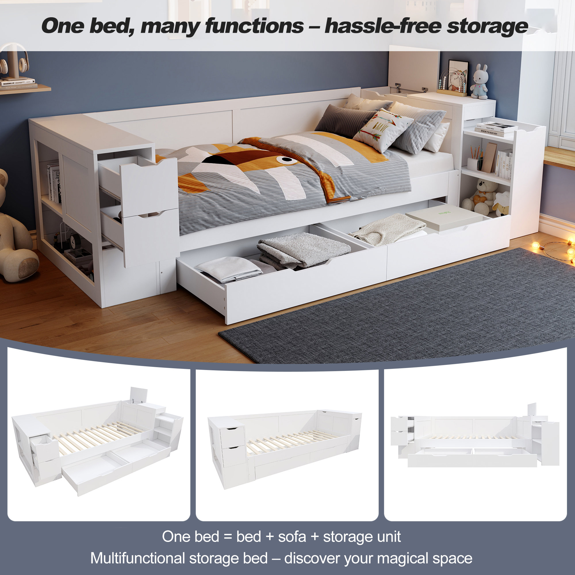 Children's Bed, Daybed, 3ft-90 X 190 Cm, Single Bed, Multifunctional Children's Bed With Drawers, Shelves And Storage Space, With Bedside Table, With Storage Space, Without Mattress, White