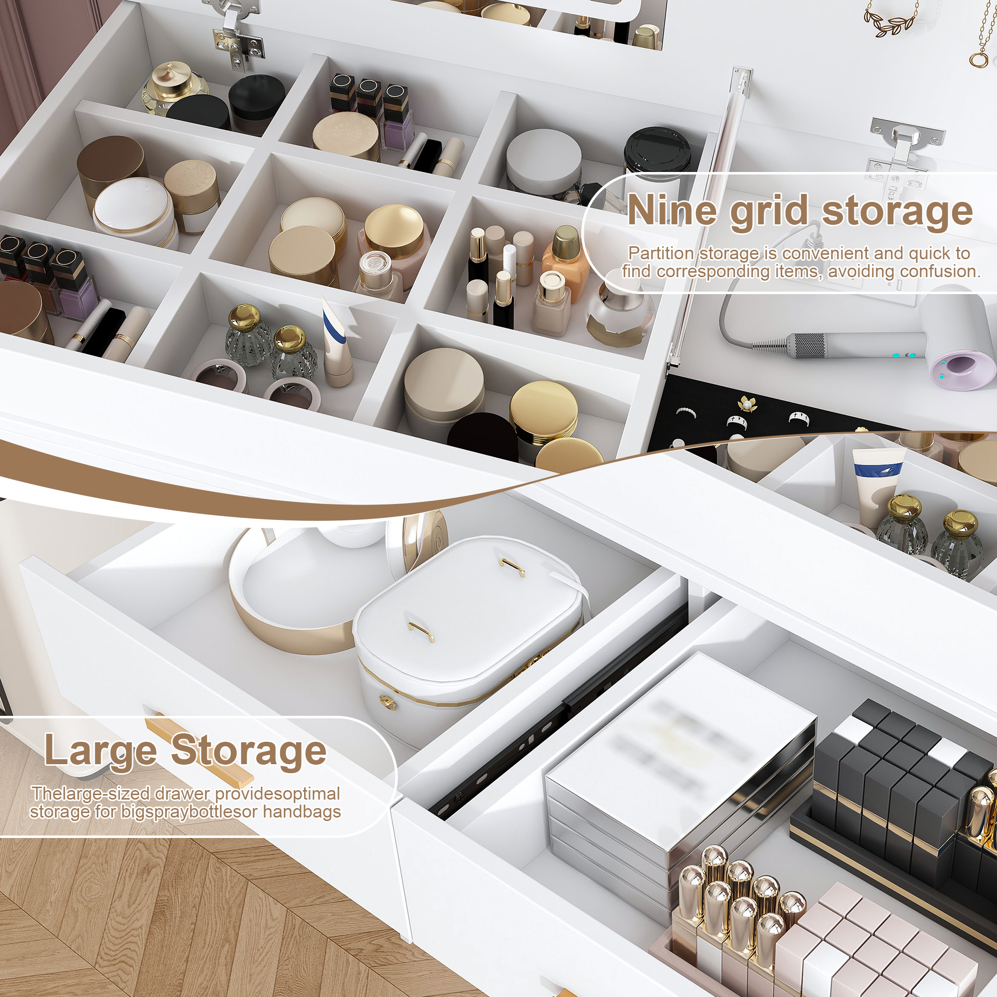 Vanity Dressing Table With Led Mirror And Storage Drawers White_voghion.com