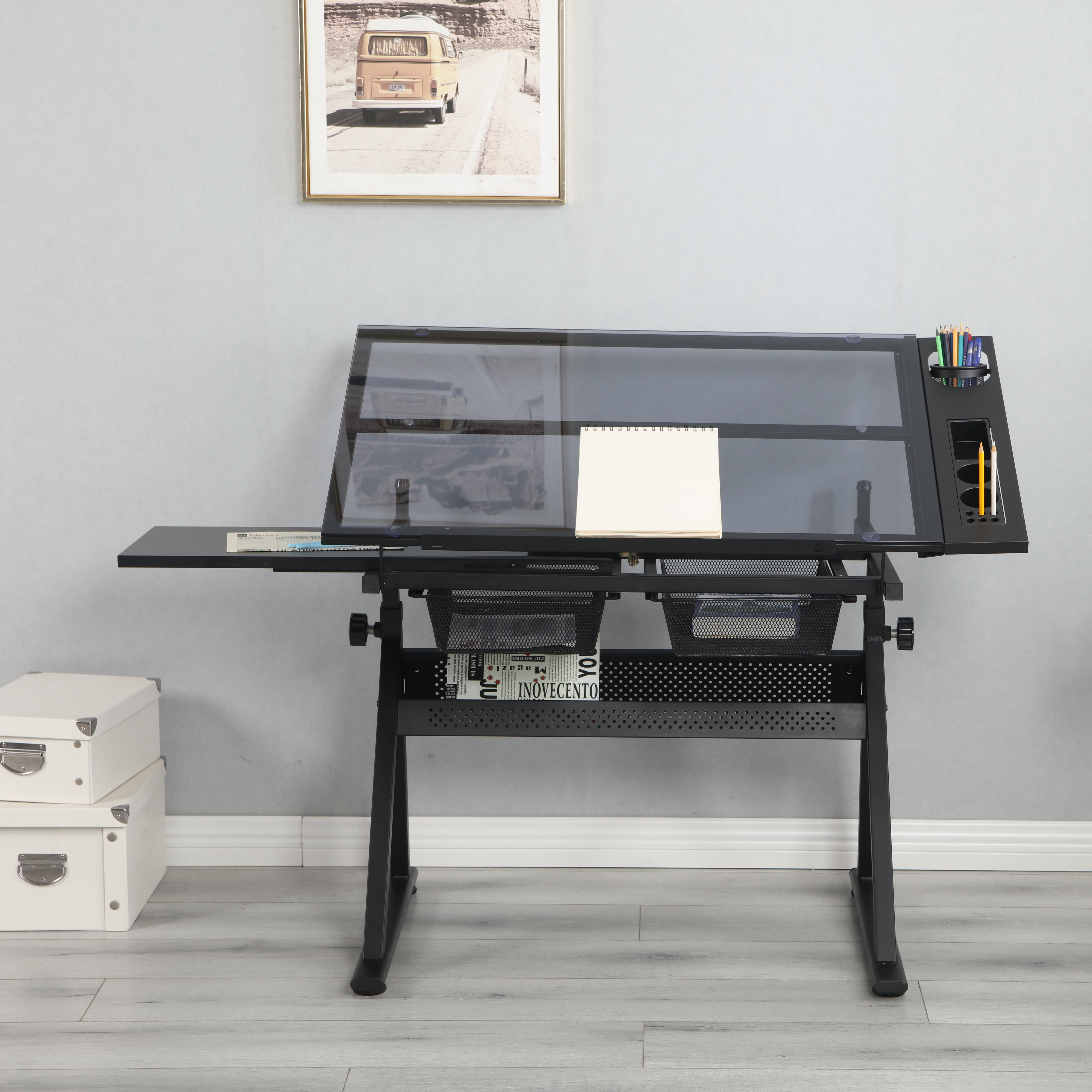 Drafting Table, 0-75 Adjustable Glass Top Artist Table - Height Adjustable Drafting Desk With Large Storage For Painting & Crafting - Ideal For Designers And Art Students Black_voghion.com