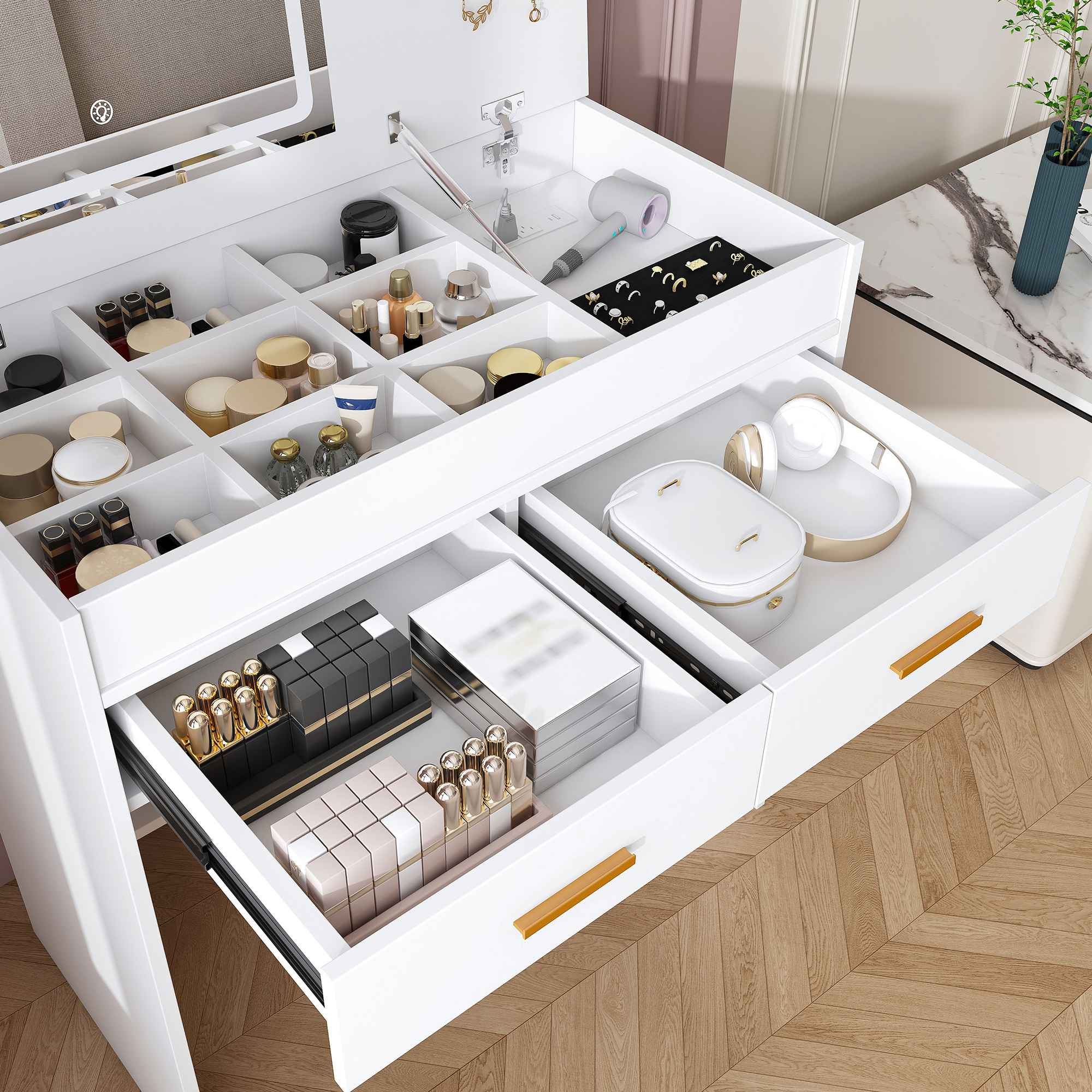 Vanity Dressing Table With Led Mirror And Storage Drawers White_voghion.com