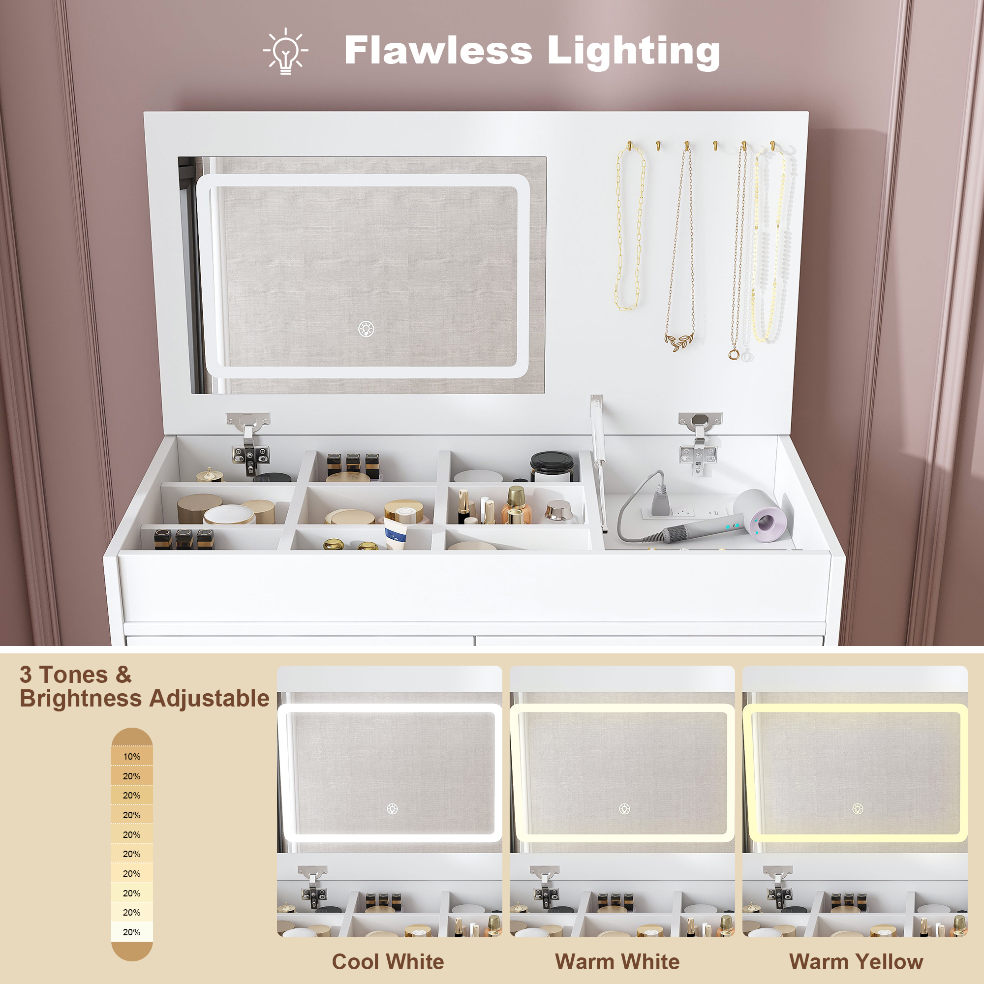Vanity Dressing Table With Led Mirror And Storage Drawers White_voghion.com