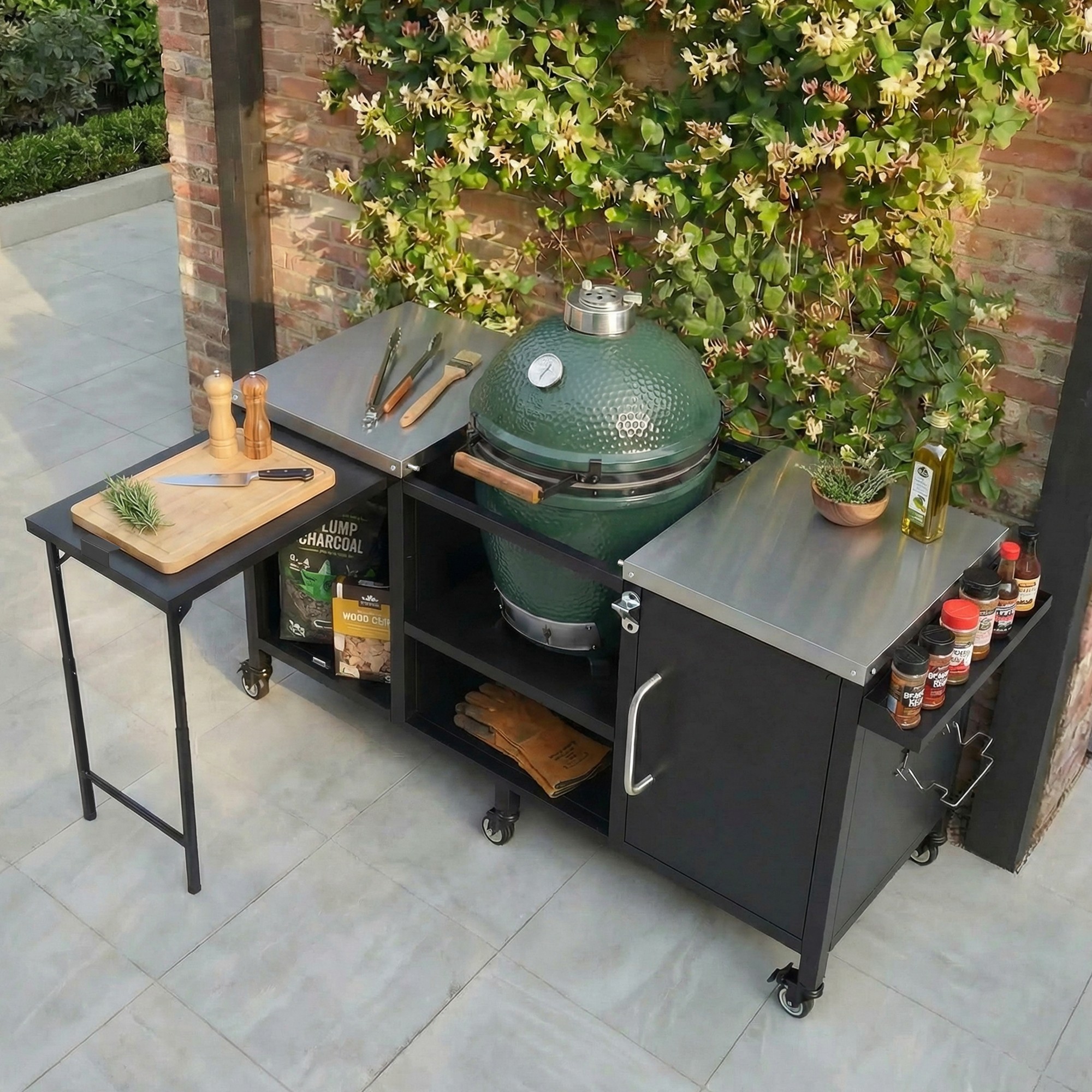 K&K 72.4 Large Grill Table For Large Big Green Egg, Metal Outdoor Grill Cart With Fold-out Prep Table, Adjustable Shelves, Spice Rack, Outdoor Kitchen Island For Big Green Egg, Kamado Joe Classic - Image 1
