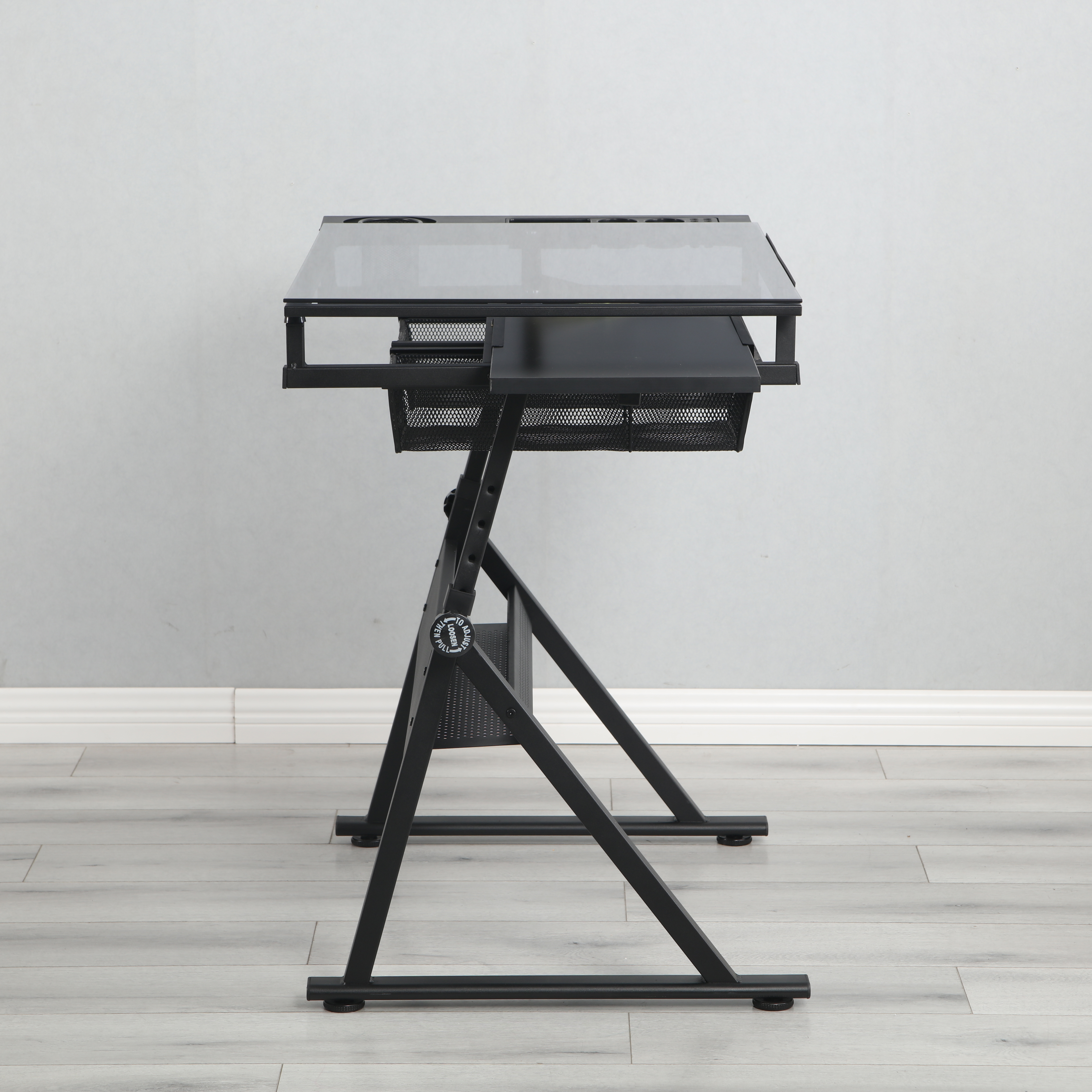 Drafting Table Adjustable Glass Top Artist Desk With Storage_voghion.com