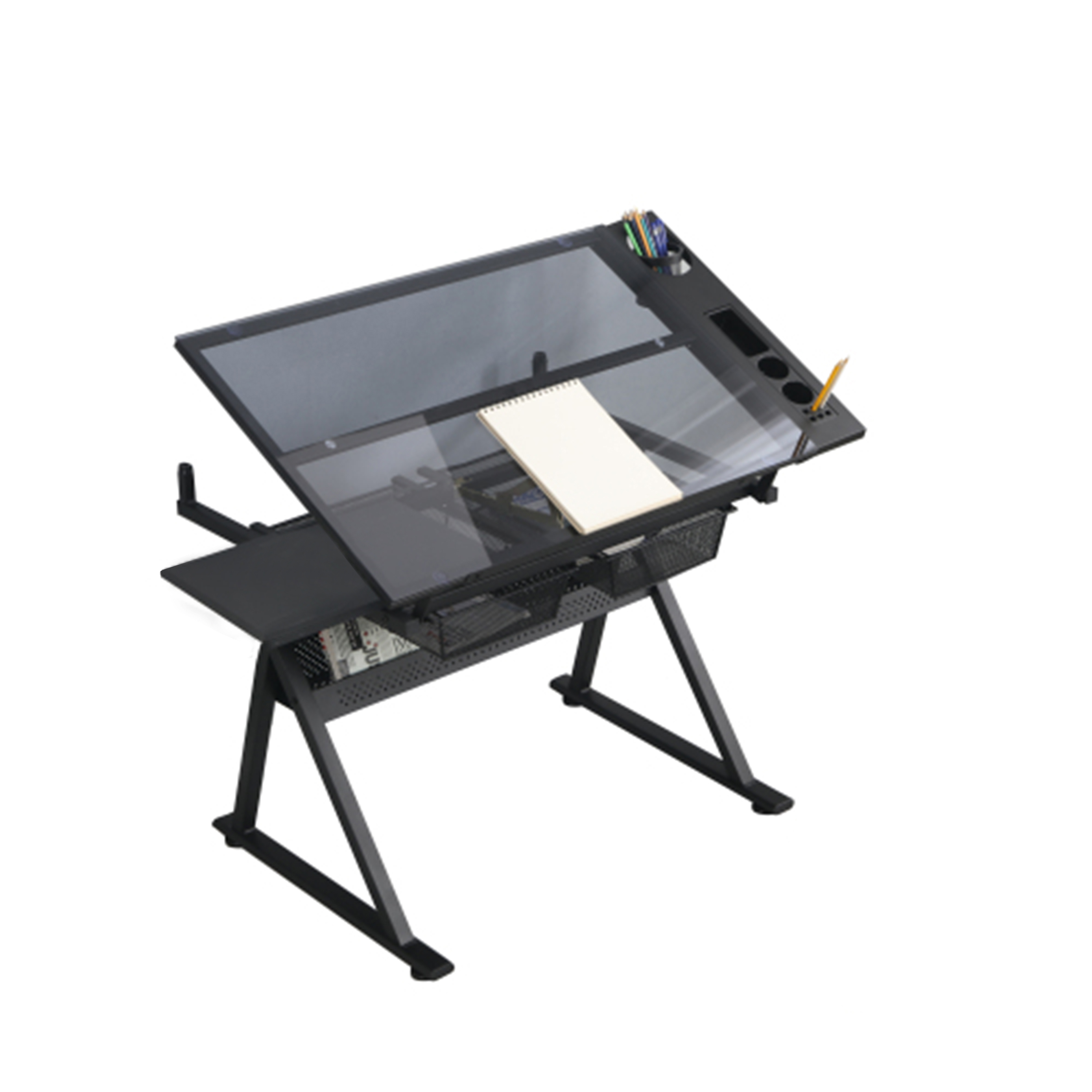 Drafting Table, 0-75 Adjustable Glass Top Artist Table - Height Adjustable Drafting Desk With Large Storage For Painting & Crafting - Ideal For Designers And Art Students Black_voghion.com