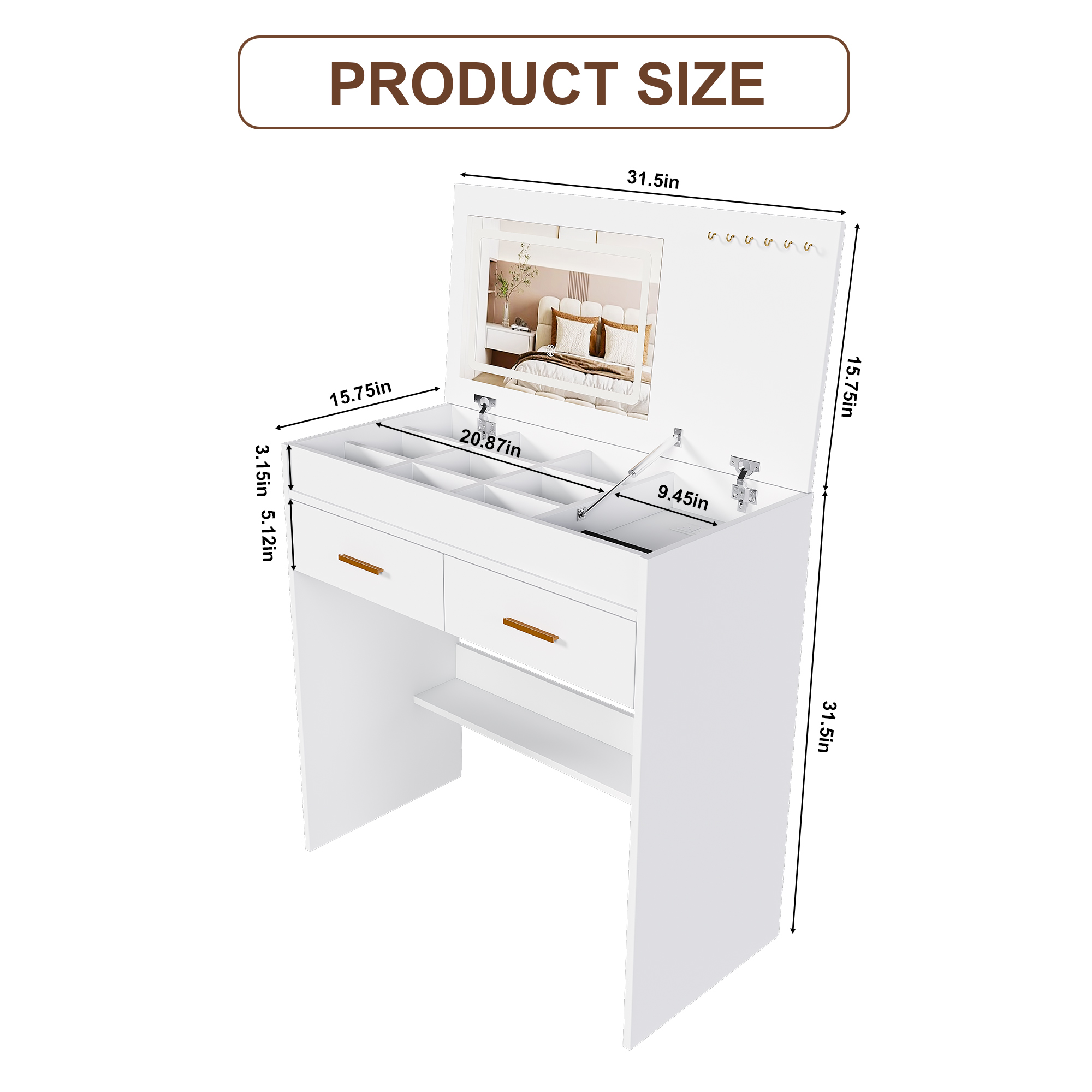 Flip Top Vanity Desk With LED Lighted Mirror & Built-in Outlet - Makeup Vanity Table With 2 Drawers, Open Storage, Hooks For Jewelry No Stool Included, White_voghion.com