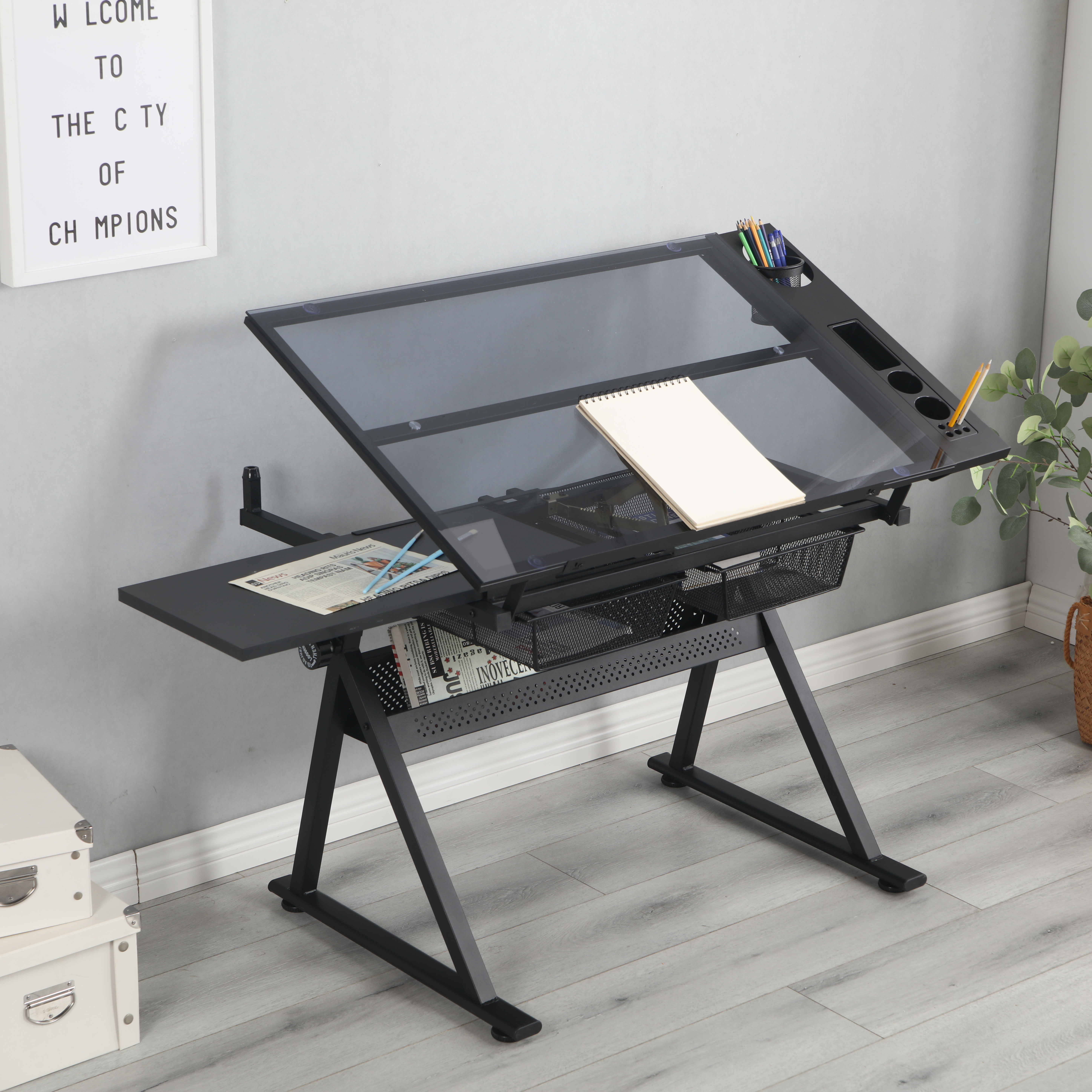 Drafting Table, 0-75 Adjustable Glass Top Artist Table - Height Adjustable Drafting Desk With Large Storage For Painting & Crafting - Ideal For Designers And Art Students Black_voghion.com