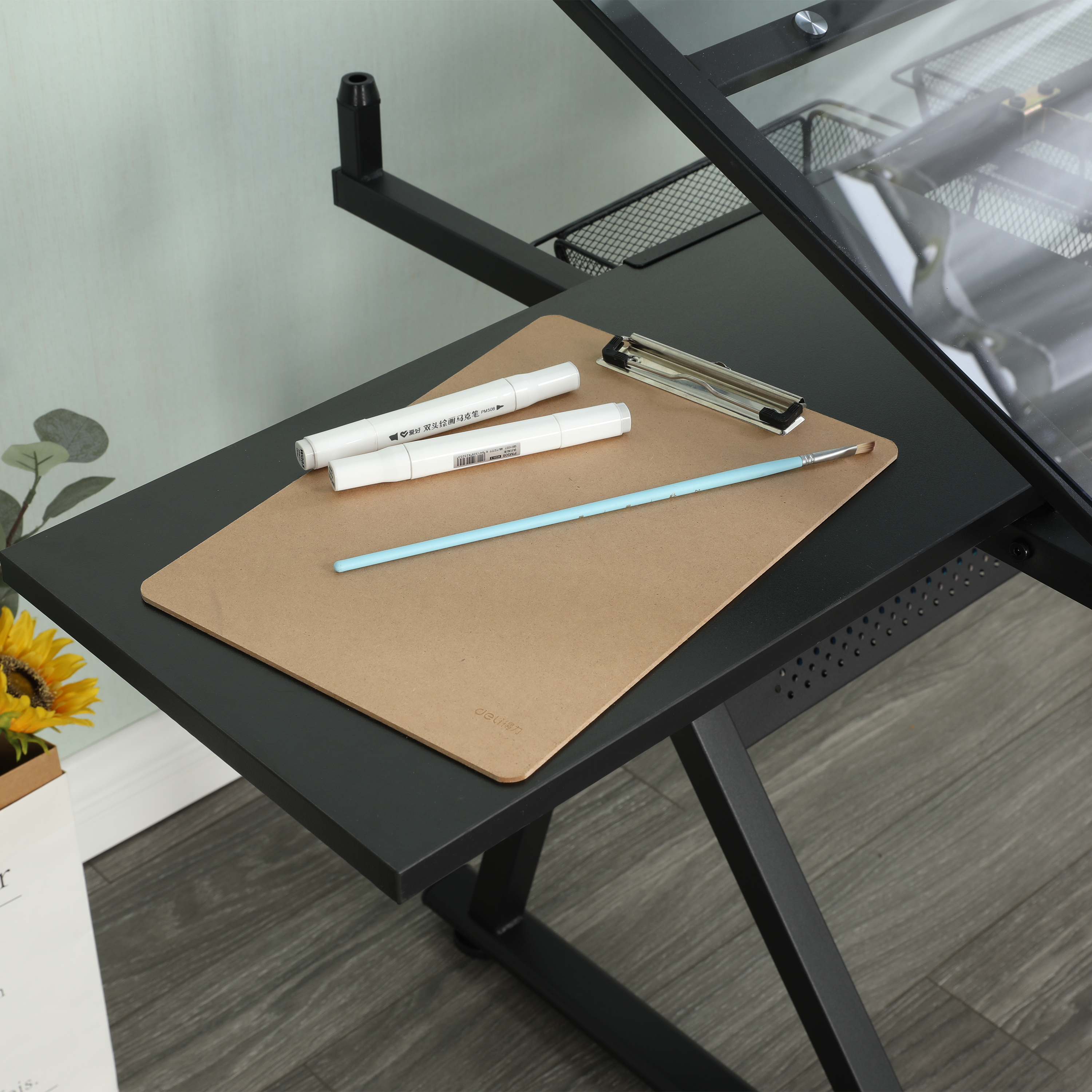 Drafting Table Adjustable Glass Top Artist Desk With Storage_voghion.com