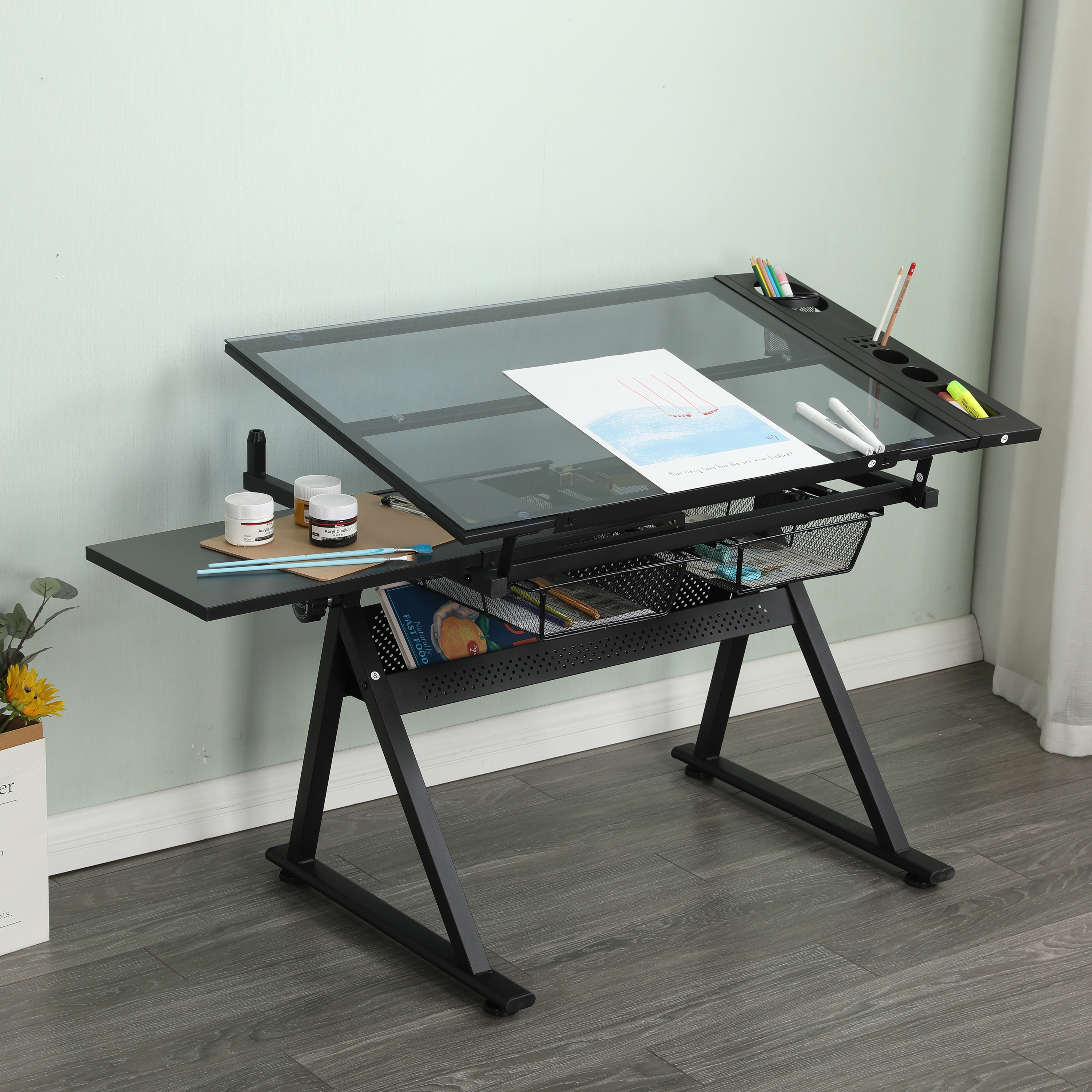 Drafting Table Adjustable Glass Top Artist Desk With Storage_voghion.com