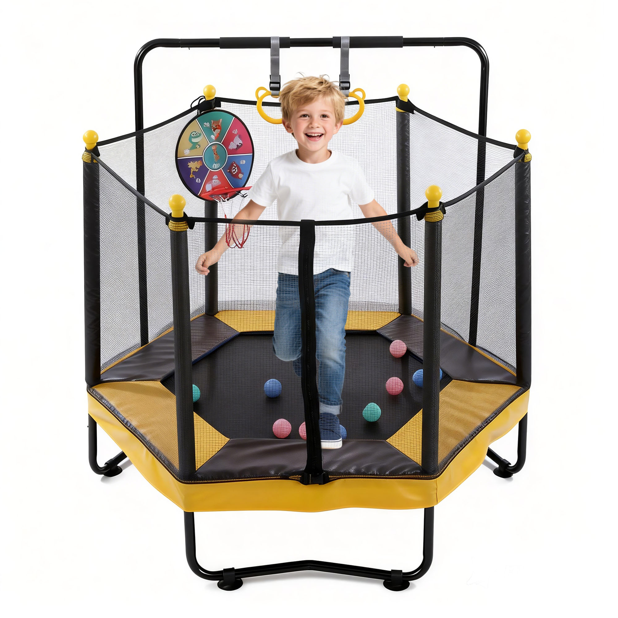 54 Inch Trampoline For Kids With Enclosure, Indoor & Outdoor Toddler Trampoline With Adjustable Gymnastics Bar , Ring ,Basketball Hoop , Boxing Bag And Ocean Ball ,Toys For Age 1-8 Years