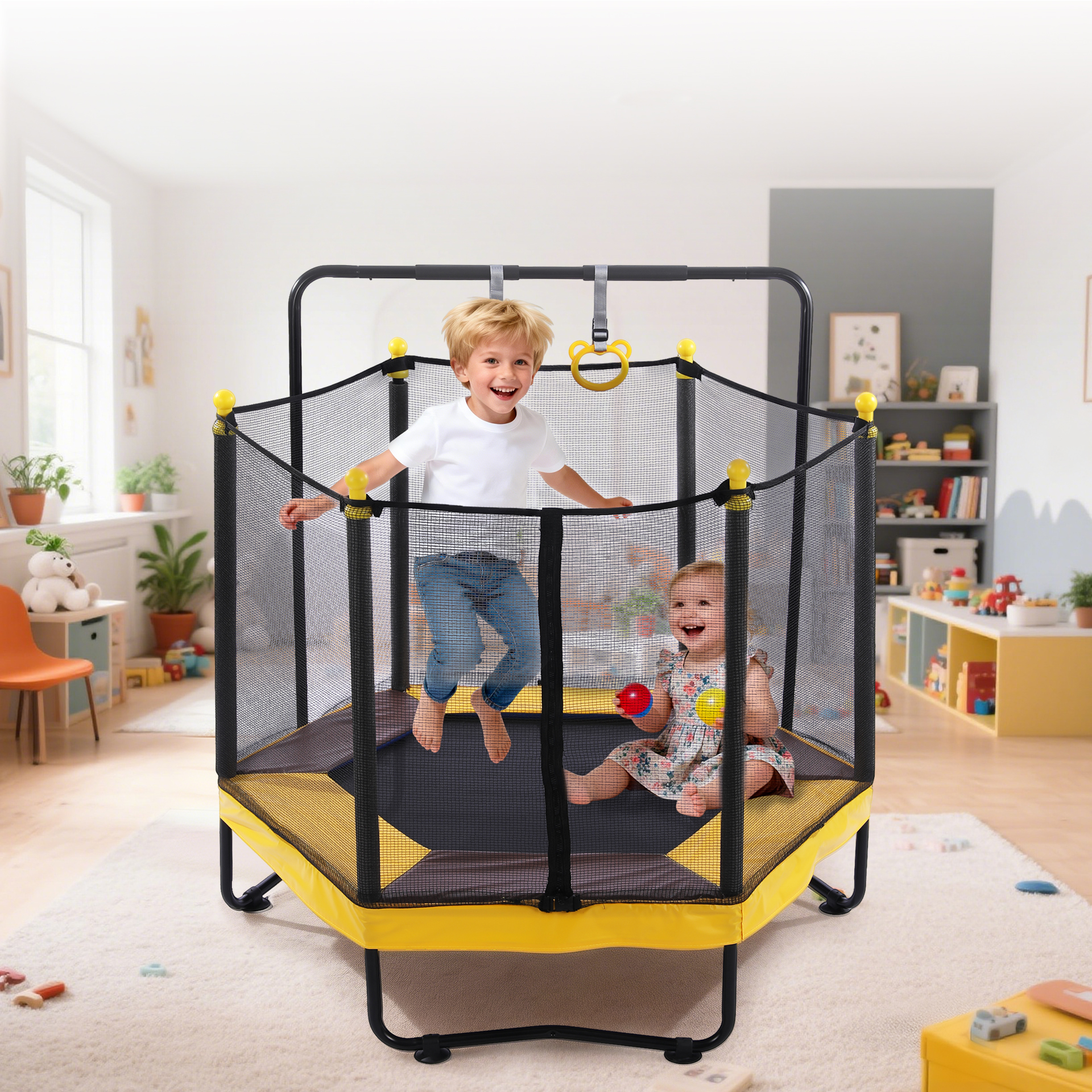 54 Inch Trampoline For Kids With Enclosure, Indoor & Outdoor Toddler Trampoline With Adjustable Gymnastics Bar , Ring ,Basketball Hoop , Boxing Bag And Ocean Ball ,Toys For Age 1-8 Years - Image 1