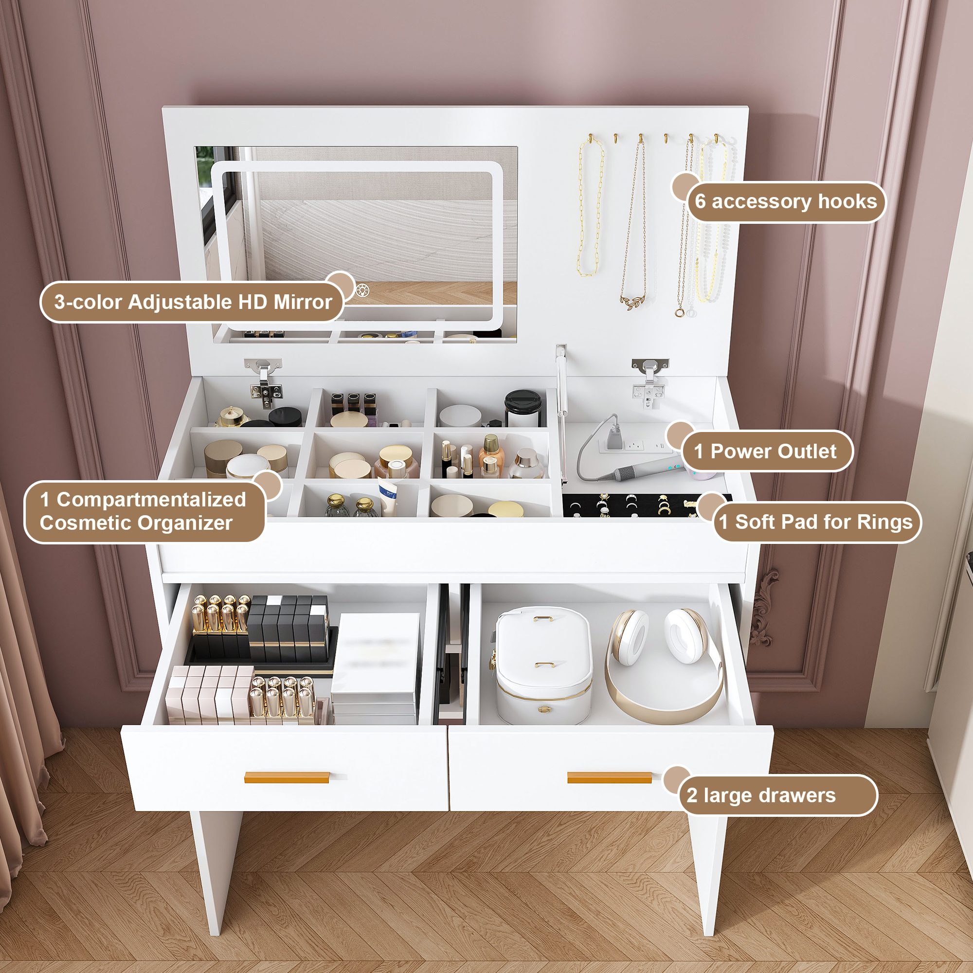 Vanity Dressing Table With Led Mirror And Storage Drawers White_voghion.com