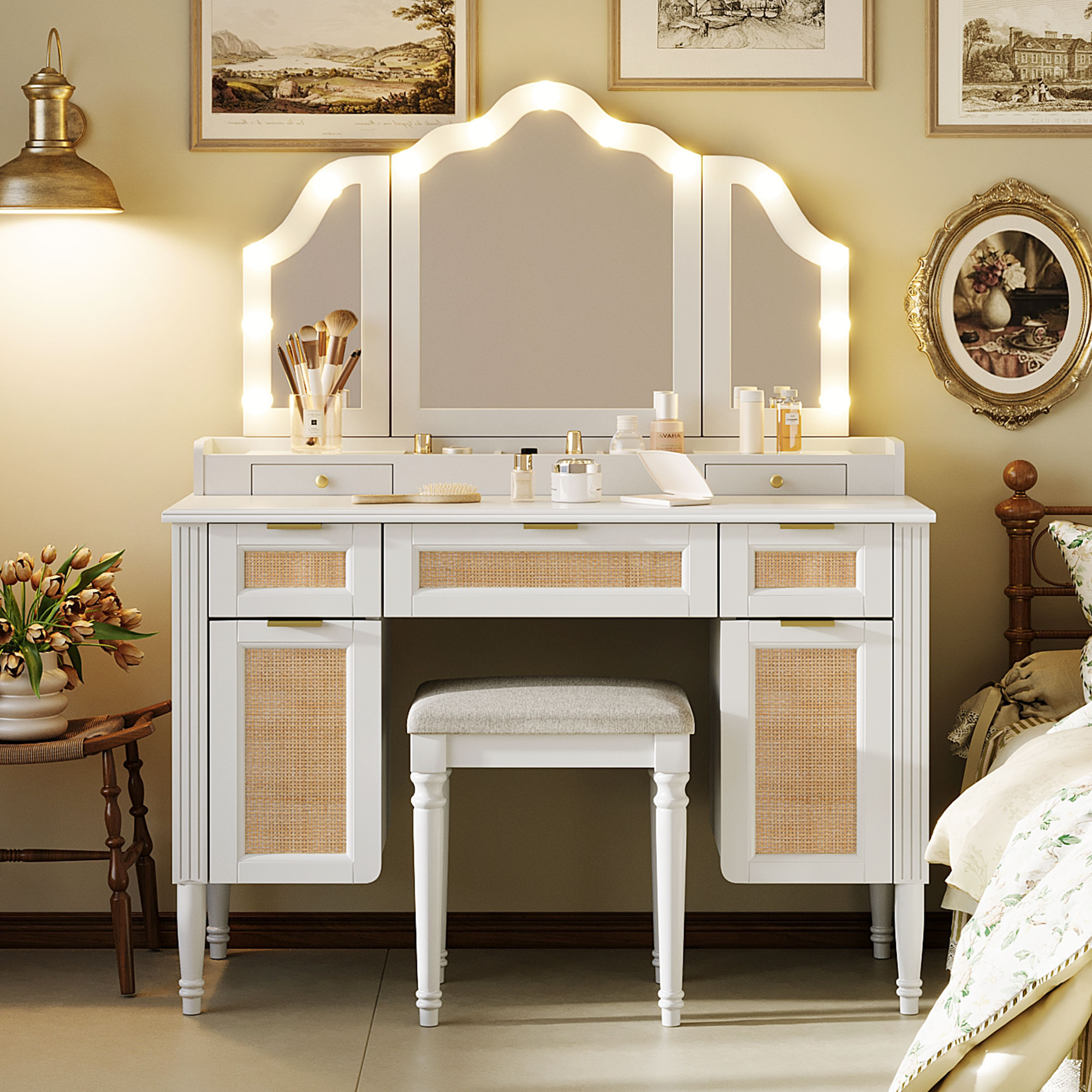 44.37  Makeup Vanity Desk With 13 Hollywood Bulbs And 3 Lighting Modes, Dressing Table With Tri-Fold Mirror   Large Vanity Table With 5 Drawers And Shelves And  Charging Station For Bedroom, White