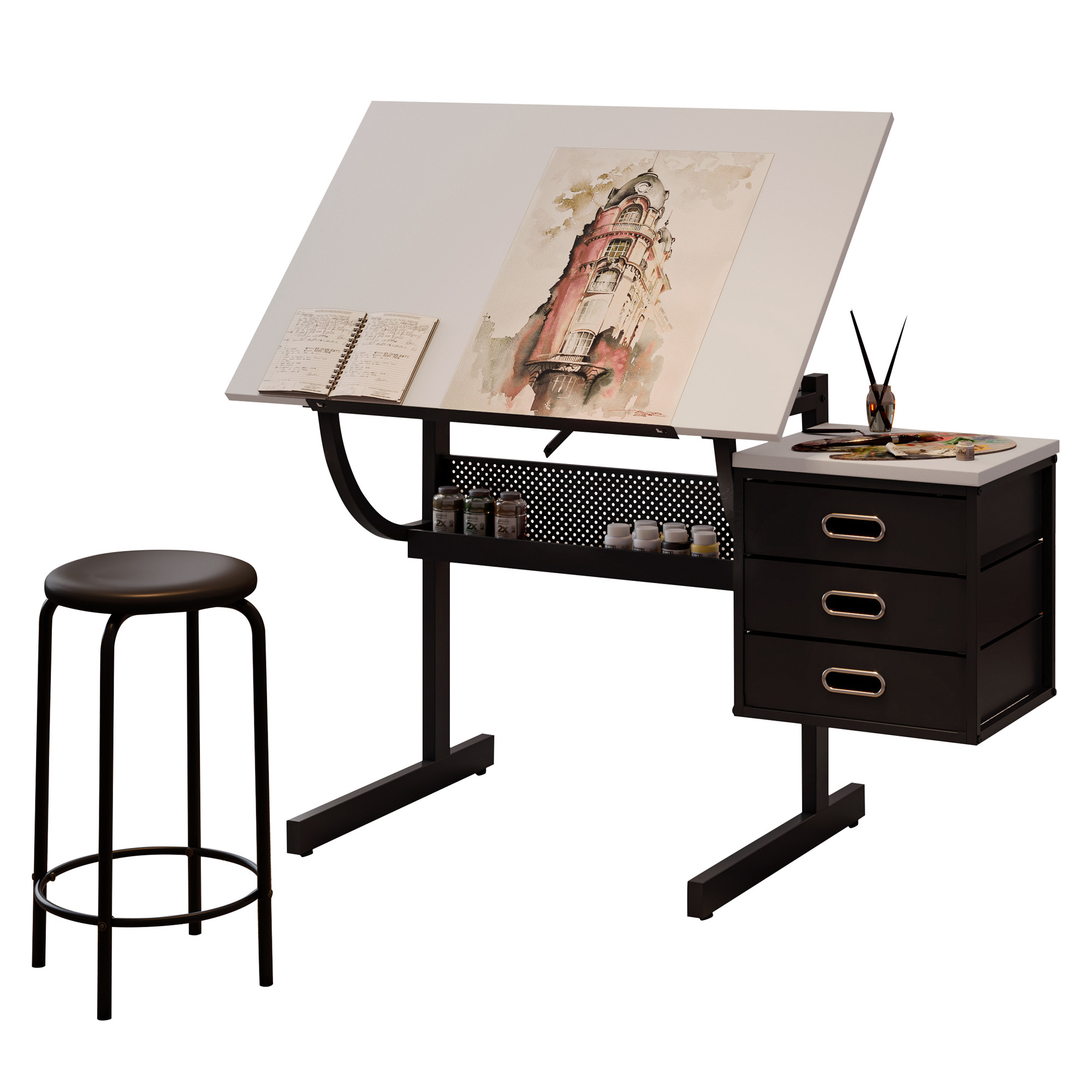 Adjustable Drafting Table with Stool