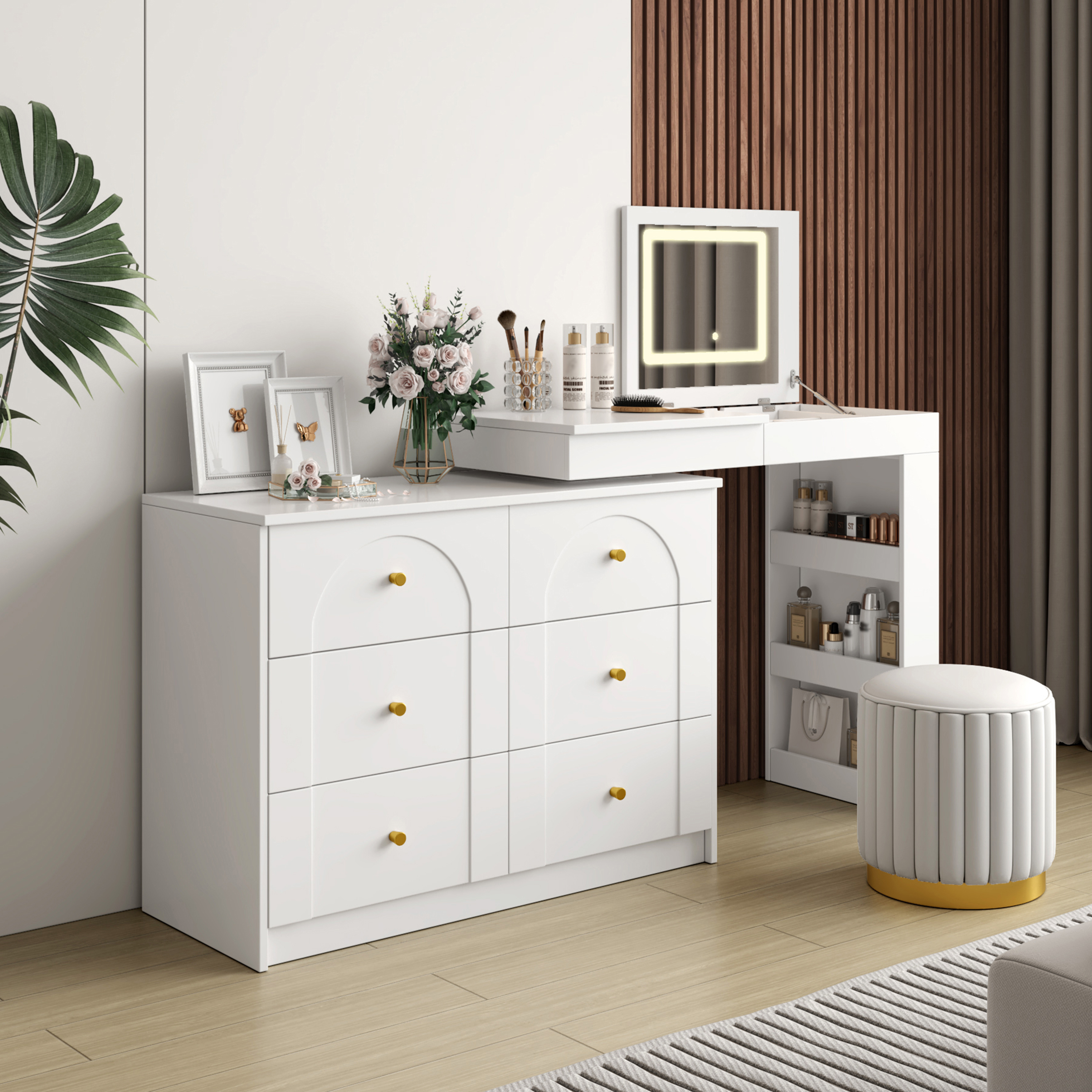 Vanity Desk With Mirror And Lights, Makeup Vanity Table With Flip-Top Tabletop And Storage 7 Drawers, 9 Compartments, 3 Shelves, 3 Color Modes Adjustable Makeup Table For Bedroom,White