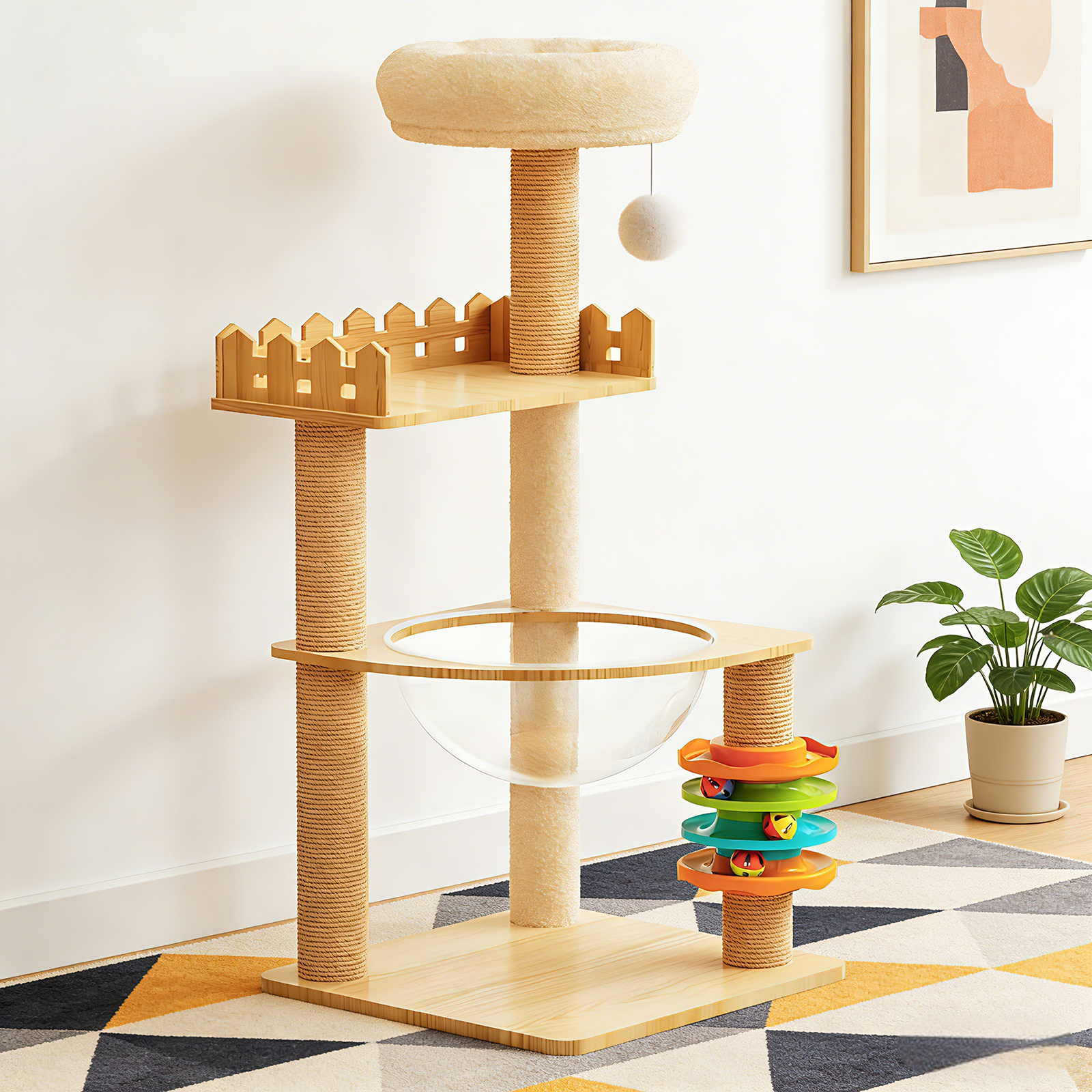 39.3 Modern Cat Tower, Wood Cat Tree Tower For Indoor Cats, Cat Treewith Sisal-Covered Scratching Posts And Top Perch, Cat Condo With Acrylic Hammock And Toys For Small Large Cats - Image 1