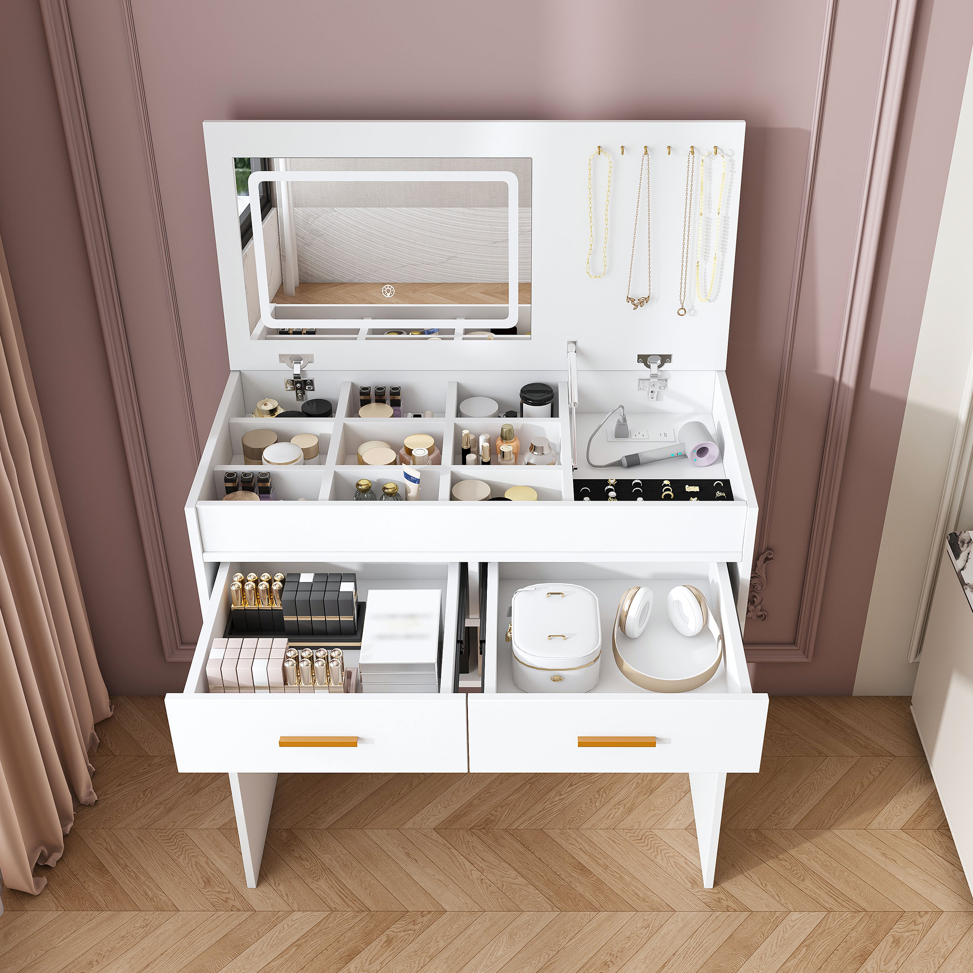 Flip Top Vanity Desk With LED Lighted Mirror & Built-in Outlet - Makeup Vanity Table With 2 Drawers, Open Storage, Hooks For Jewelry No Stool Included, White_voghion.com