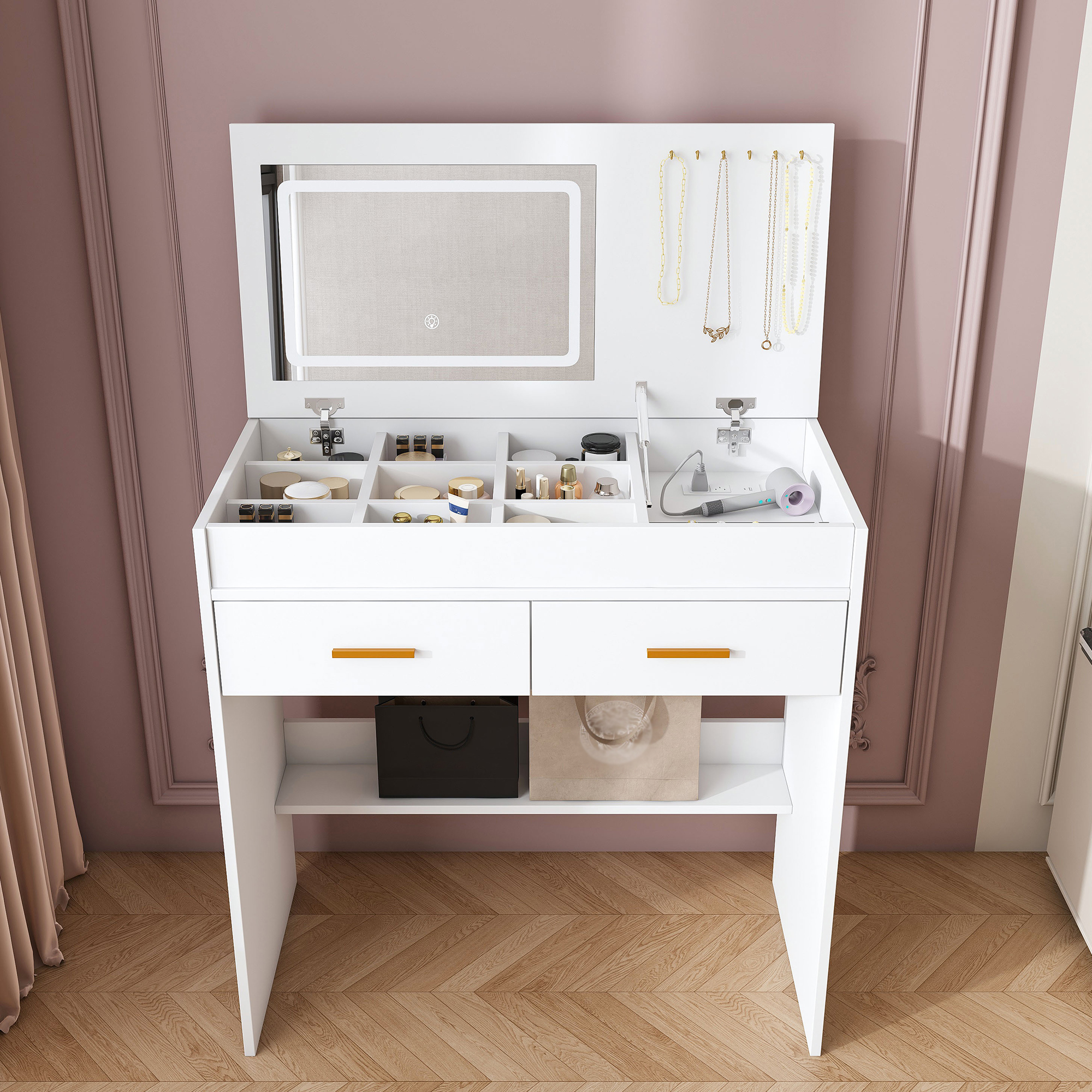Flip Top Vanity Desk With LED Lighted Mirror & Built-in Outlet - Makeup Vanity Table With 2 Drawers, Open Storage, Hooks For Jewelry No Stool Included, White_voghion.com
