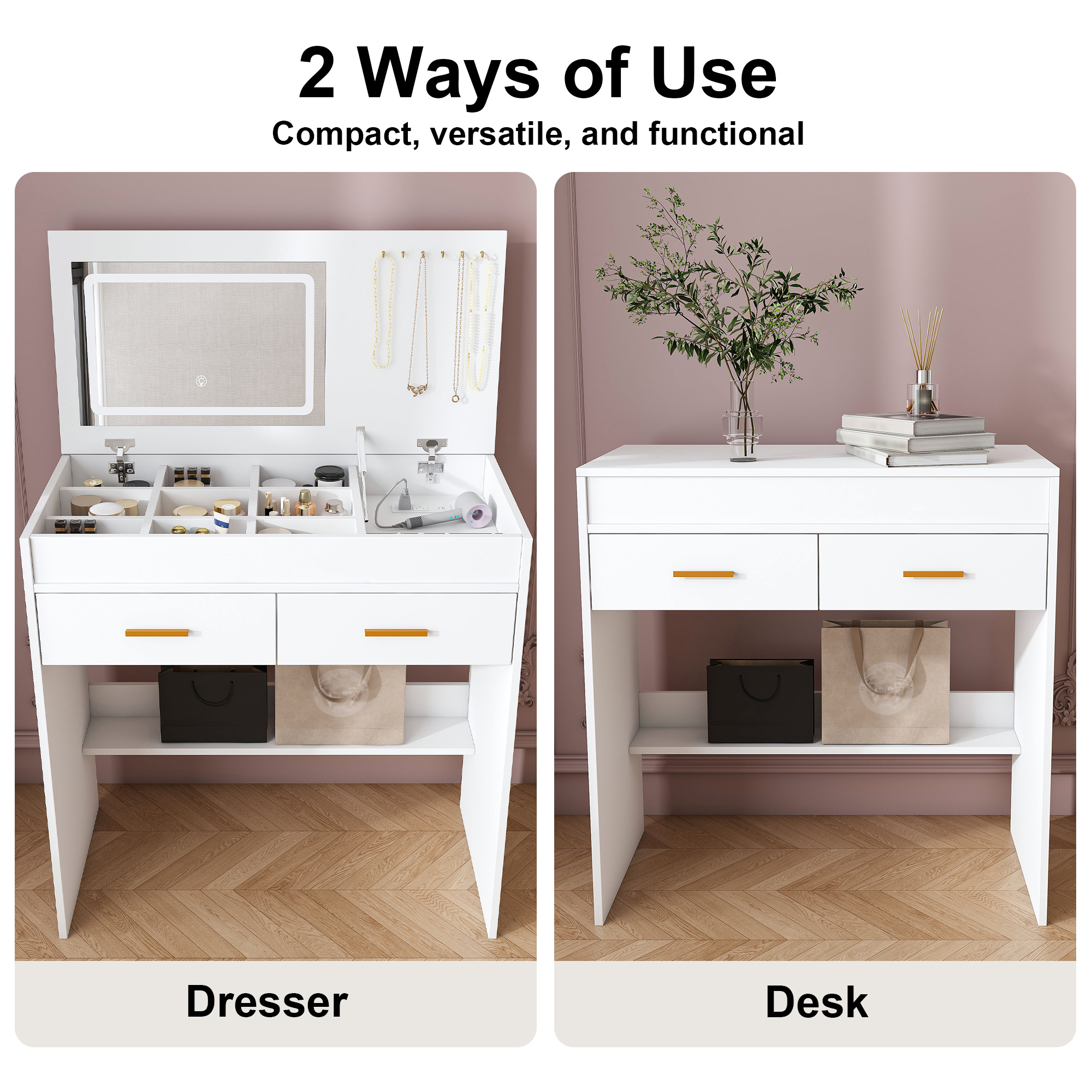 Vanity Dressing Table With Led Mirror And Storage Drawers White_voghion.com