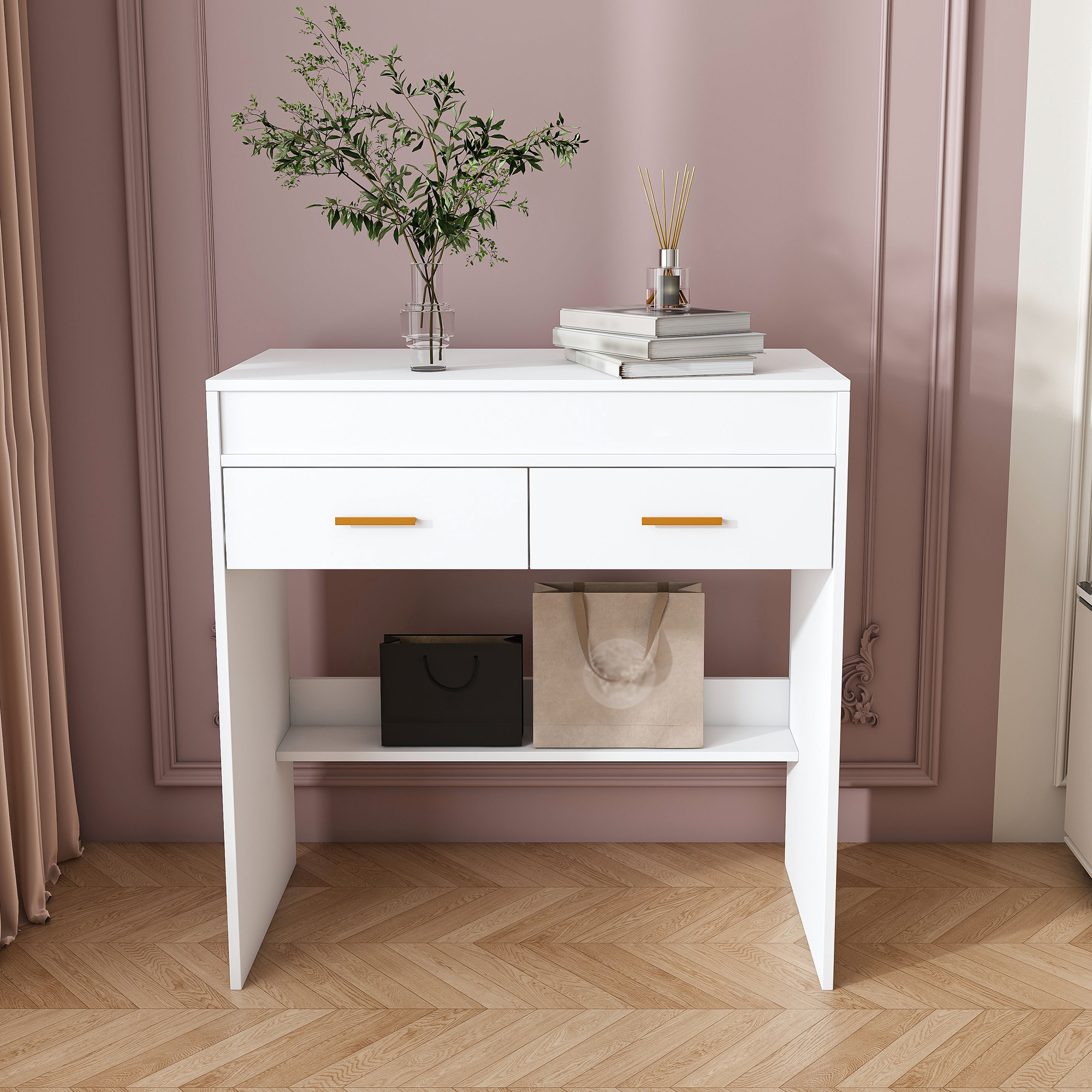 Flip Top Vanity Desk With LED Lighted Mirror & Built-in Outlet - Makeup Vanity Table With 2 Drawers, Open Storage, Hooks For Jewelry No Stool Included, White_voghion.com