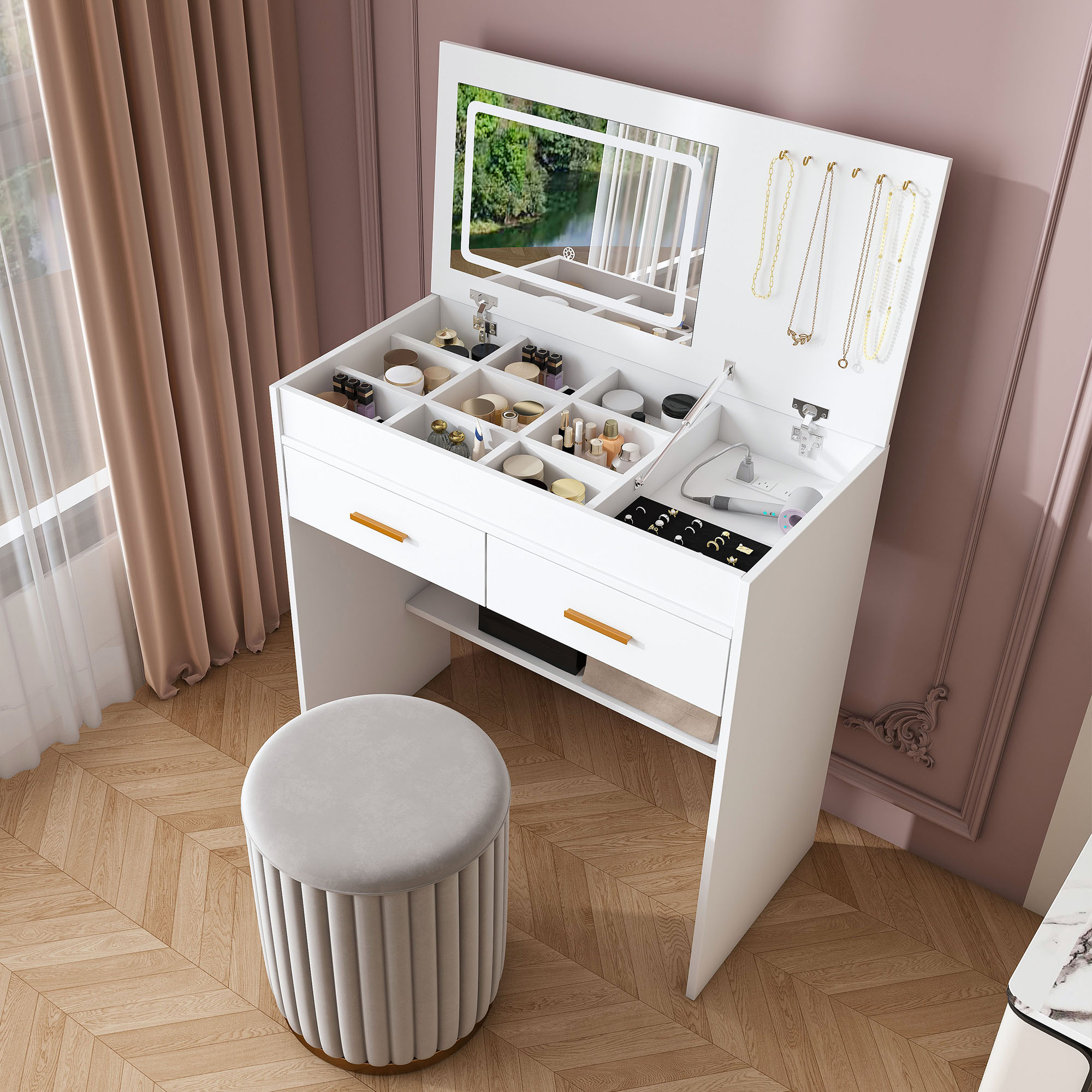 Vanity Dressing Table With Led Mirror And Storage Drawers White_voghion.com