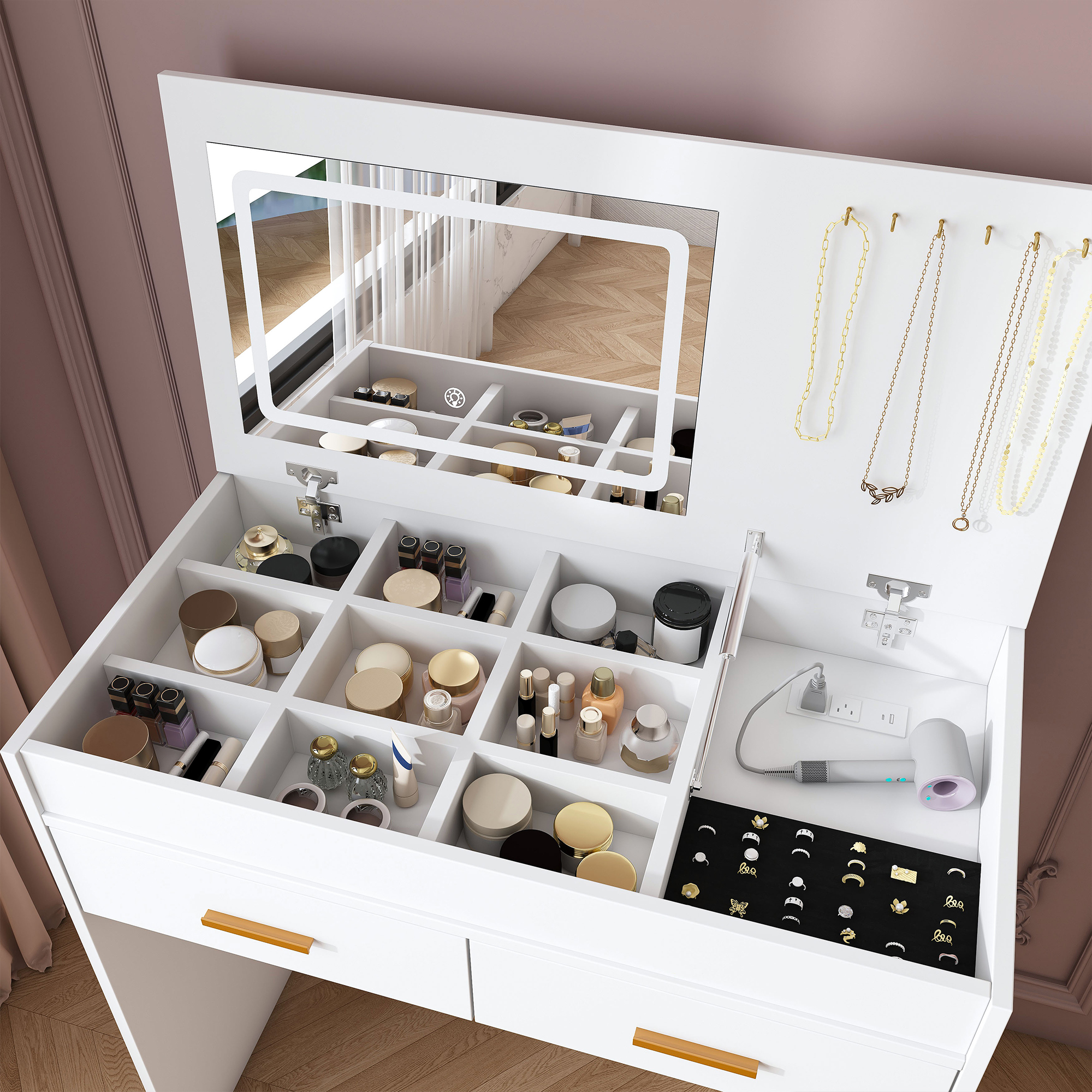 Vanity Dressing Table With Led Mirror And Storage Drawers White_voghion.com