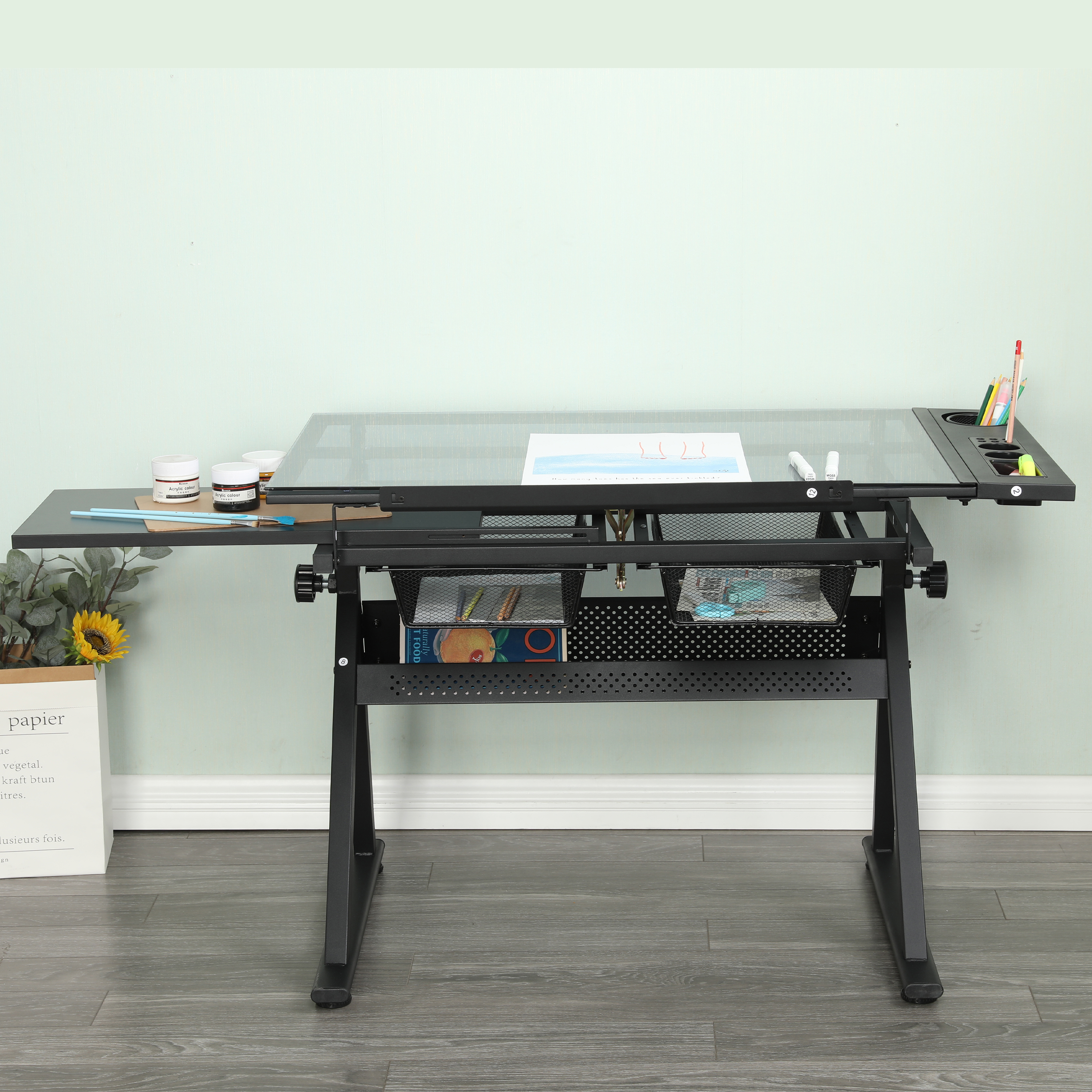 Drafting Table Adjustable Glass Top Artist Desk With Storage_voghion.com