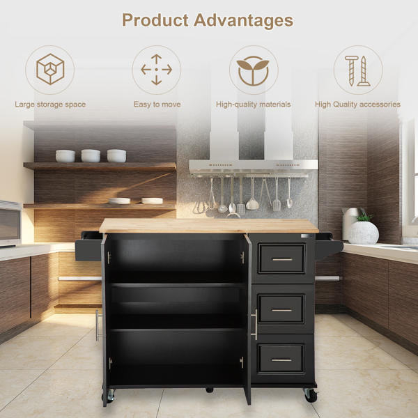 Kitchen Island & Kitchen Cart, Mobile Kitchen Island, Rubber Wood Top, Big & Adjustable Shelf Inside Cabinet For Different Utensils, Luxury Design Fits Party At Different Site.