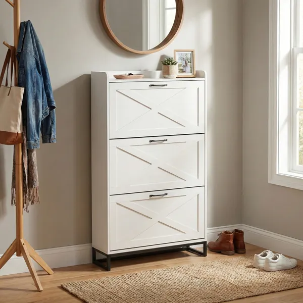 Barn Door Three-drawer Cabinet With Top Panel, Shoe Cabinet, Particleboard, 80x24x145cm, Distressed White