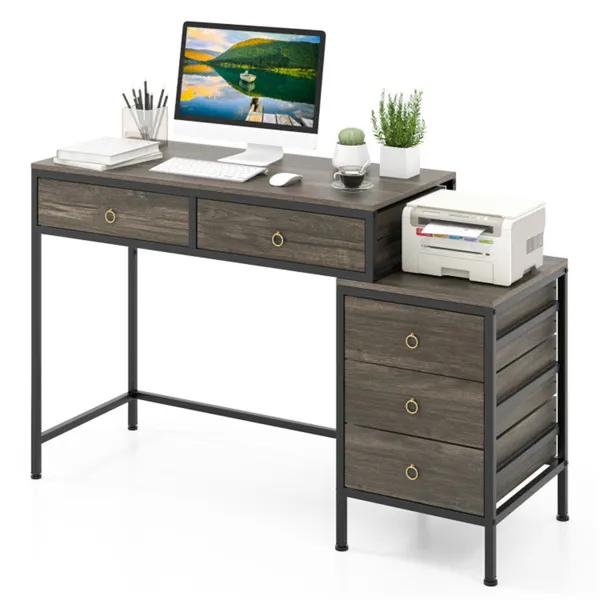Home Office Dual Desktop Desk With 5 Storage Drawers, Powder-Coated Metal Frame Engineered Wood