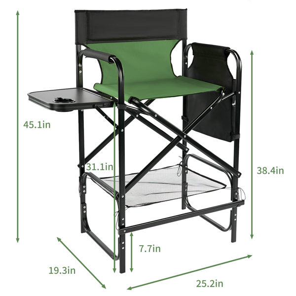 31" Tall Directors Chair With Footrest, 4Portable Bar Height Folding Camping Chair With Built-in Cup Holder, Side Table, Storage Pocket, Olive
