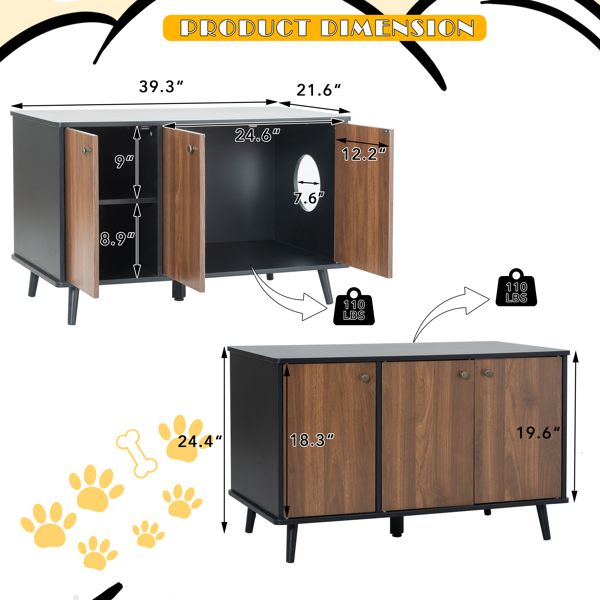 Litter Box Enclosure, Cat Litter Box Furniture With Hidden Plug, 3 Doors,Indoor Cat Washroom Storage Bench Side Table Cat House, Large Wooden Enclused Litter Box House, Black And Walnut