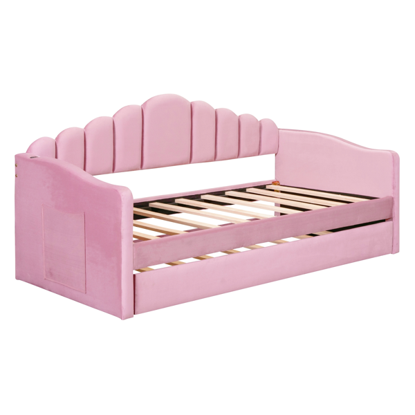 Cama Sofá Twin con Respaldo Tapizado en Terciopelo Rosa y Puertos USB - imagen 1