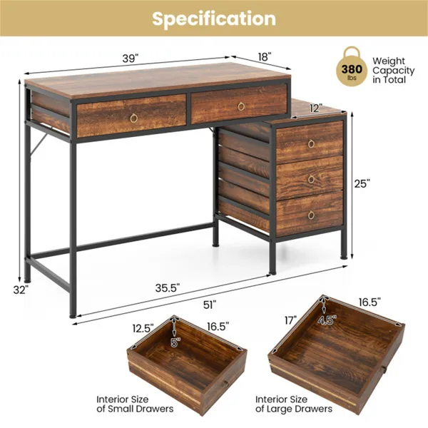 Home Office Dual Desktop Desk With 5 Storage Drawers, Powder-Coated Metal Frame Engineered Wood