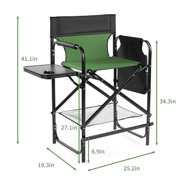 26" Tall Directors Chair With Footrest, 4Portable Bar Height Folding Camping Chair With Built-in Cup Holder, Side Table, Storage Pocket, Olive
