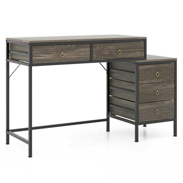 Home Office Dual Desktop Desk With 5 Storage Drawers, Powder-Coated Metal Frame Engineered Wood