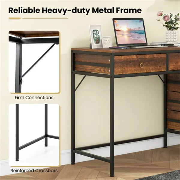 Home Office Dual Desktop Desk With 5 Storage Drawers, Powder-Coated Metal Frame Engineered Wood
