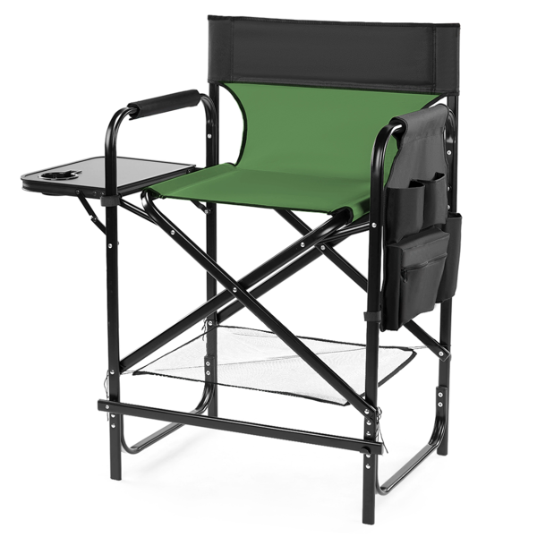 26" Tall Directors Chair With Footrest, 4Portable Bar Height Folding Camping Chair With Built-in Cup Holder, Side Table, Storage Pocket, Olive