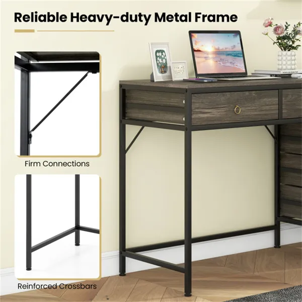 Home Office Dual Desktop Desk With 5 Storage Drawers, Powder-Coated Metal Frame Engineered Wood