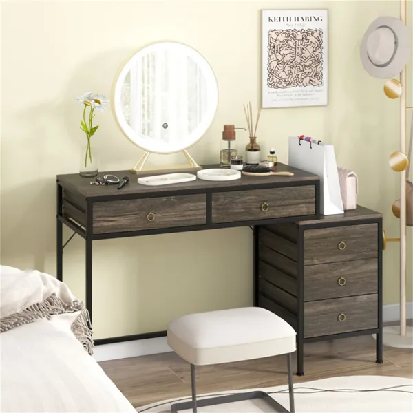 Home Office Dual Desktop Desk With 5 Storage Drawers, Powder-Coated Metal Frame Engineered Wood
