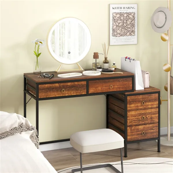 Home Office Dual Desktop Desk With 5 Storage Drawers, Powder-Coated Metal Frame Engineered Wood