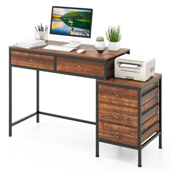 Home Office Dual Desktop Desk With 5 Storage Drawers, Powder-Coated Metal Frame Engineered Wood