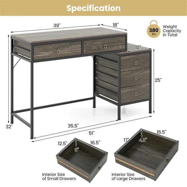 Home Office Dual Desktop Desk With 5 Storage Drawers, Powder-Coated Metal Frame Engineered Wood