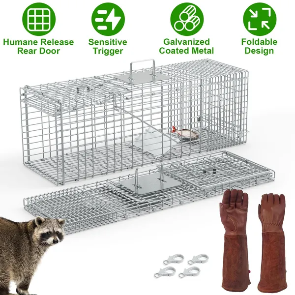 Humane Cat Trap Cage With Gloves Catch Release Live Animal Rodent Cage Collapsible Galvanized Wire For Raccoons Beavers Groundhogs Foxes Armadillos
