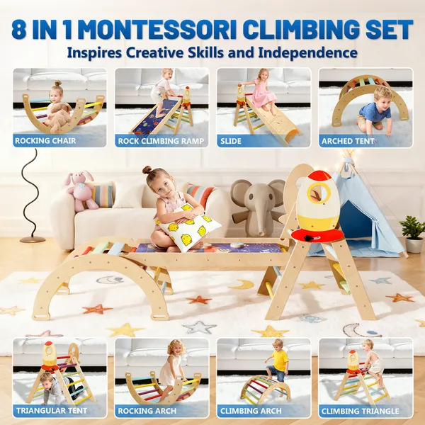 7-In-1 Foldable Baby Climbing Wooden Toys Triangle Set With Arch Triangle Pinball Game And Seesaw Wooden Montessori Climbing Set