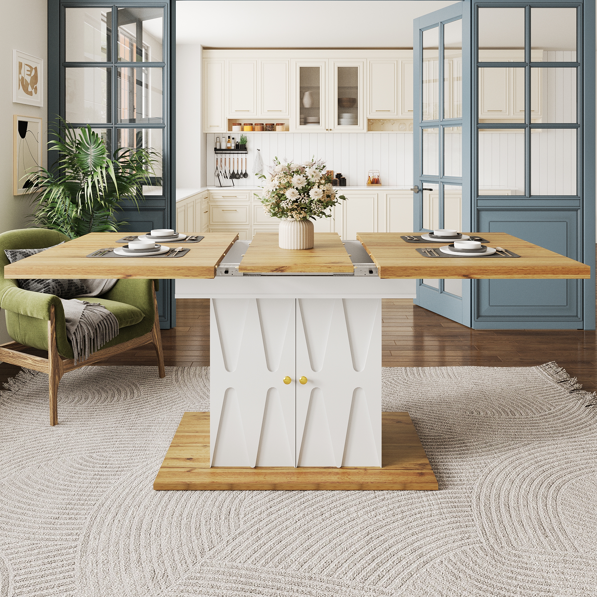 Extendable Dining Table With Relief Pattern - For Kitchen & Living Room, Wood Veneer Finish, Size 110x70x76.5cm Extends To 140cm