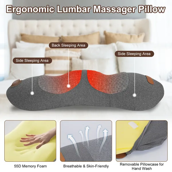 3 In 1 Electric Lumbar Massager Support Pillow Plug-in Memory Foam Lower Back Massager With Heat Vibration Airbag Stretching Adapter For Pain Relief